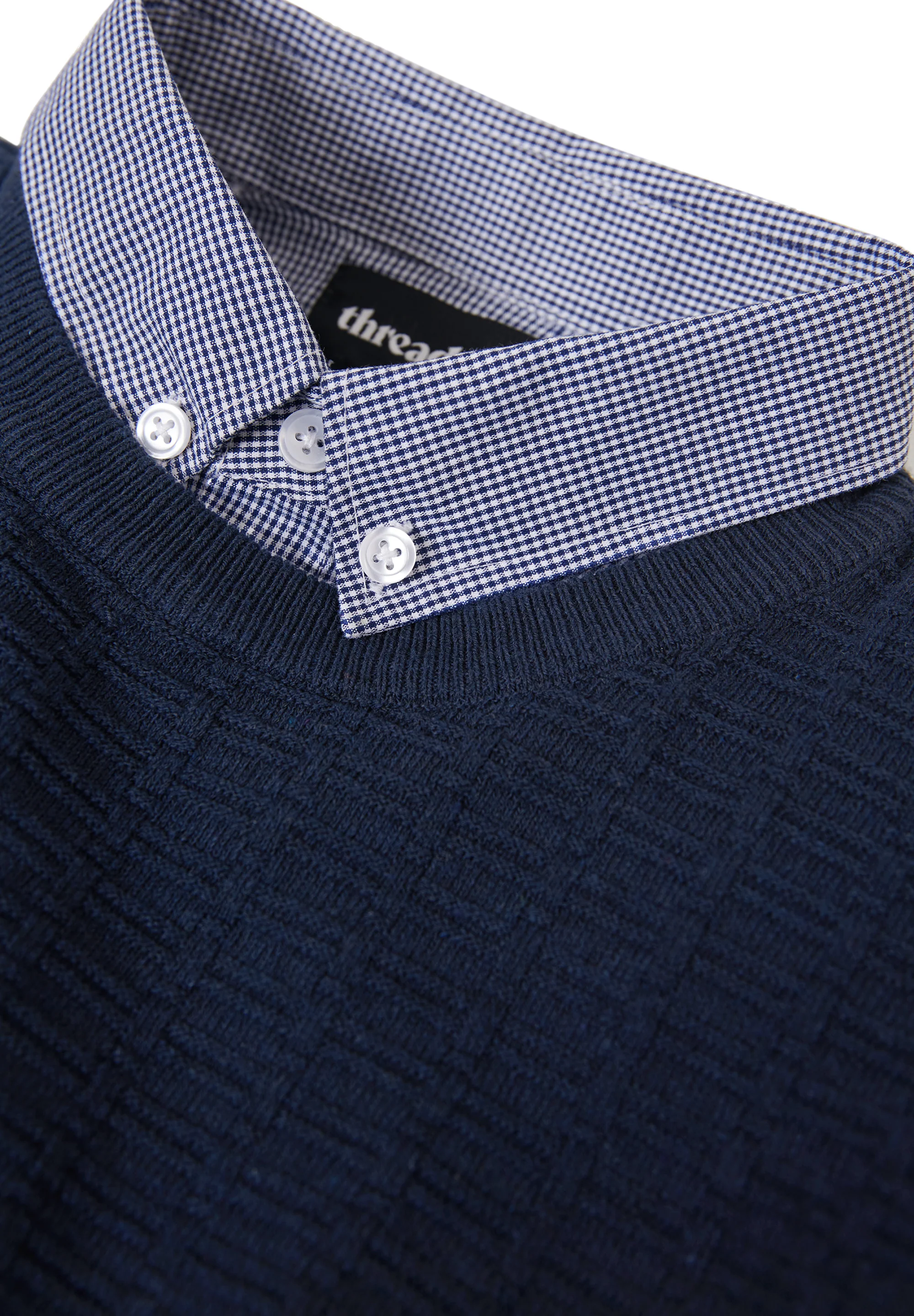 Mock Shirt Textured Knitted Jumper in Navy - Image 5