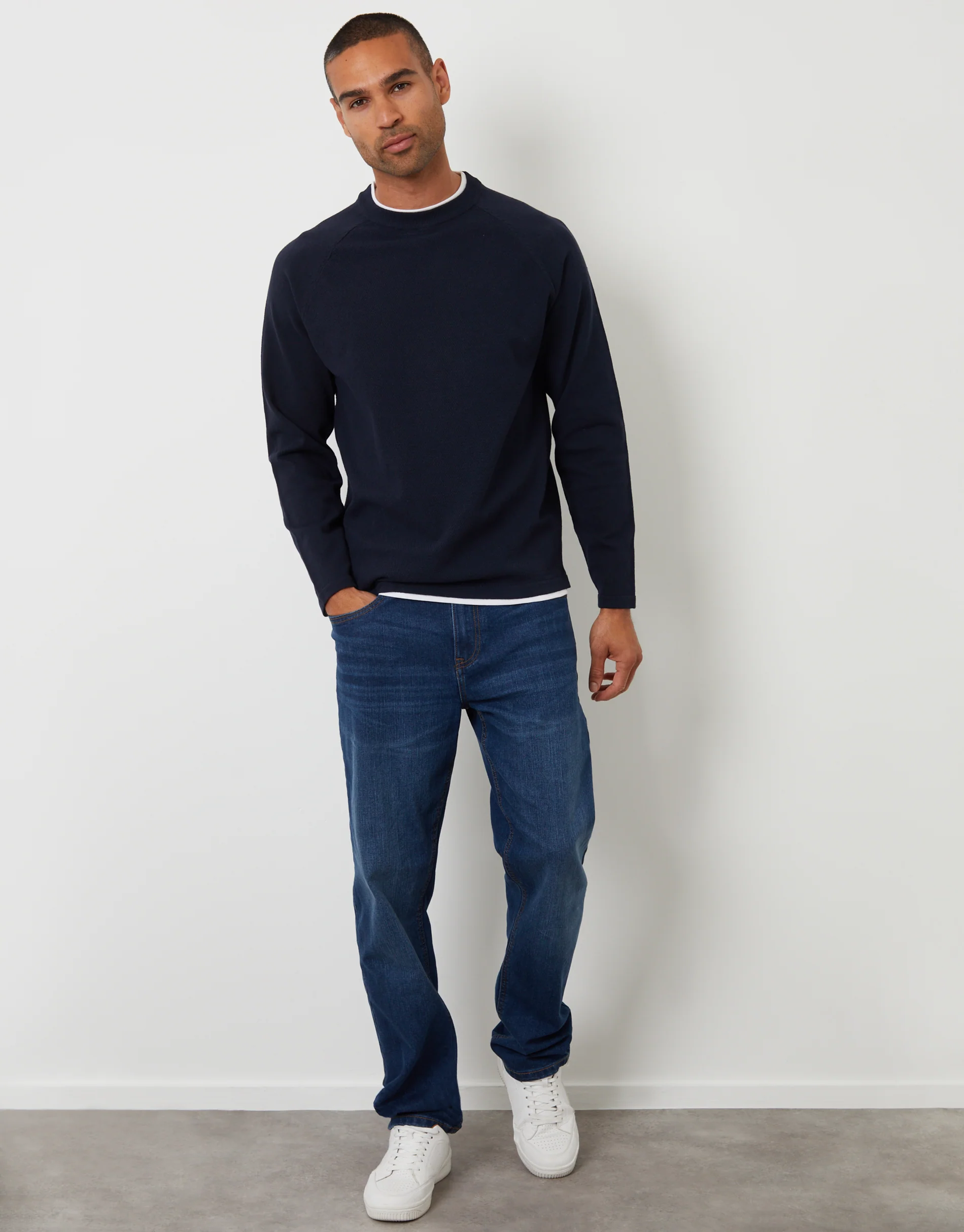 Mock Tee Textured Knit Crew Neck Jumper in Navy - Image 3
