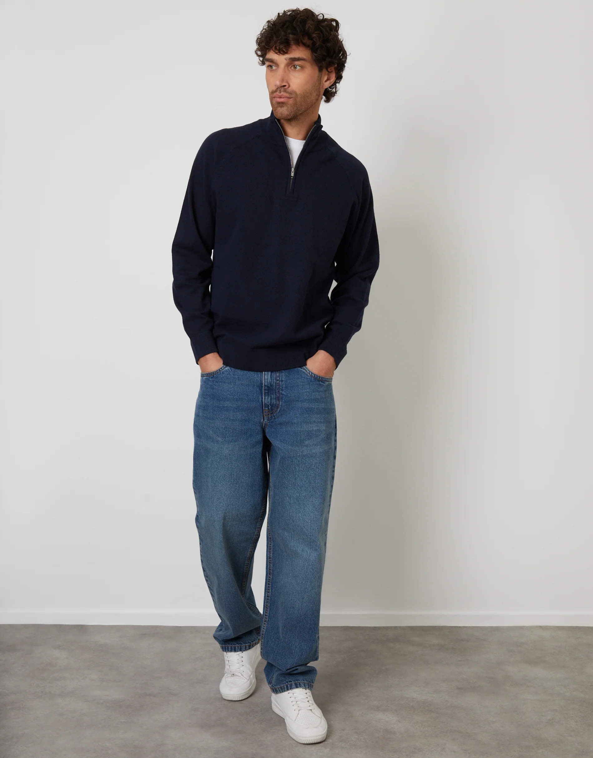 Mock Tee Textured Knit Quarter Zip Jumper in Navy - Image 3