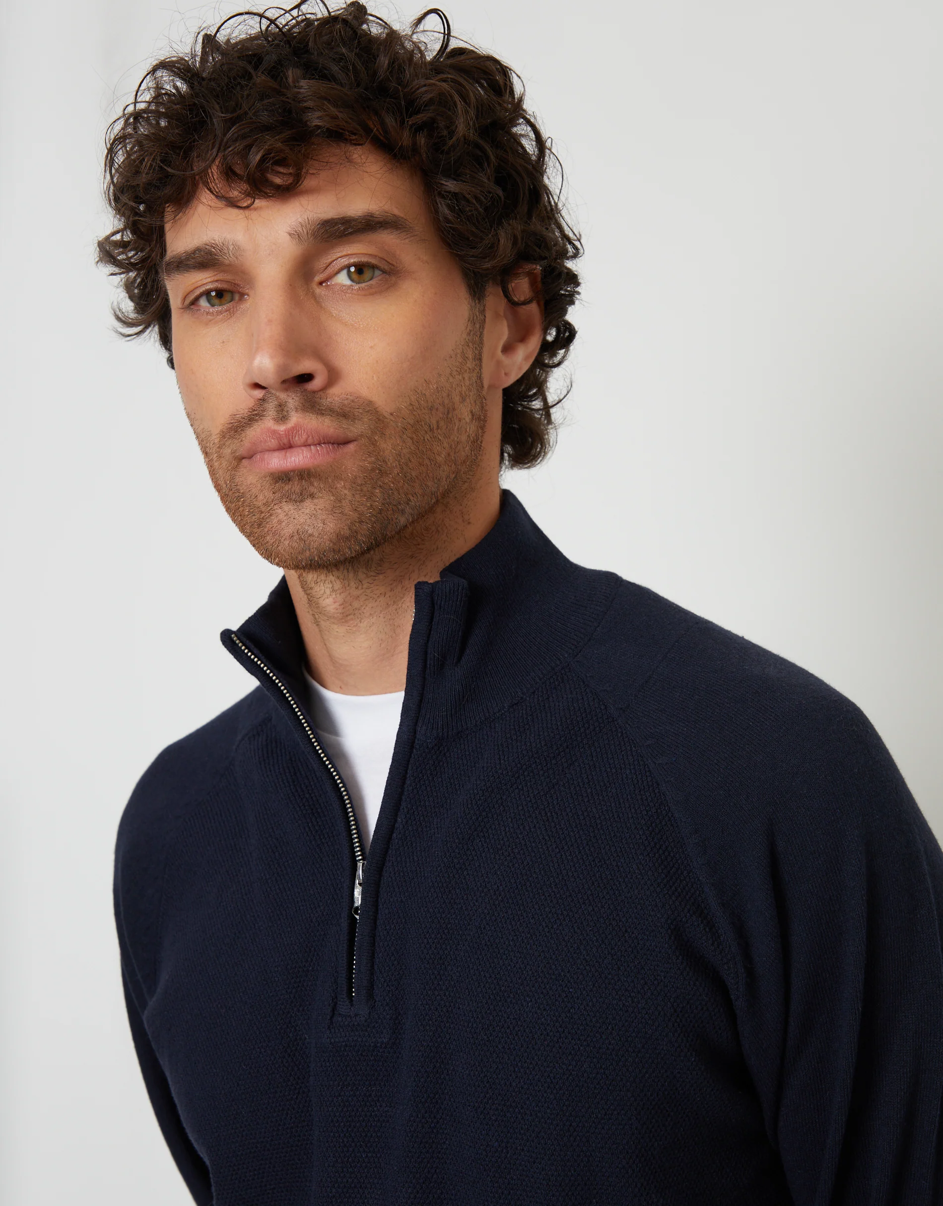 Mock Tee Textured Knit Quarter Zip Jumper in Navy - Image 4