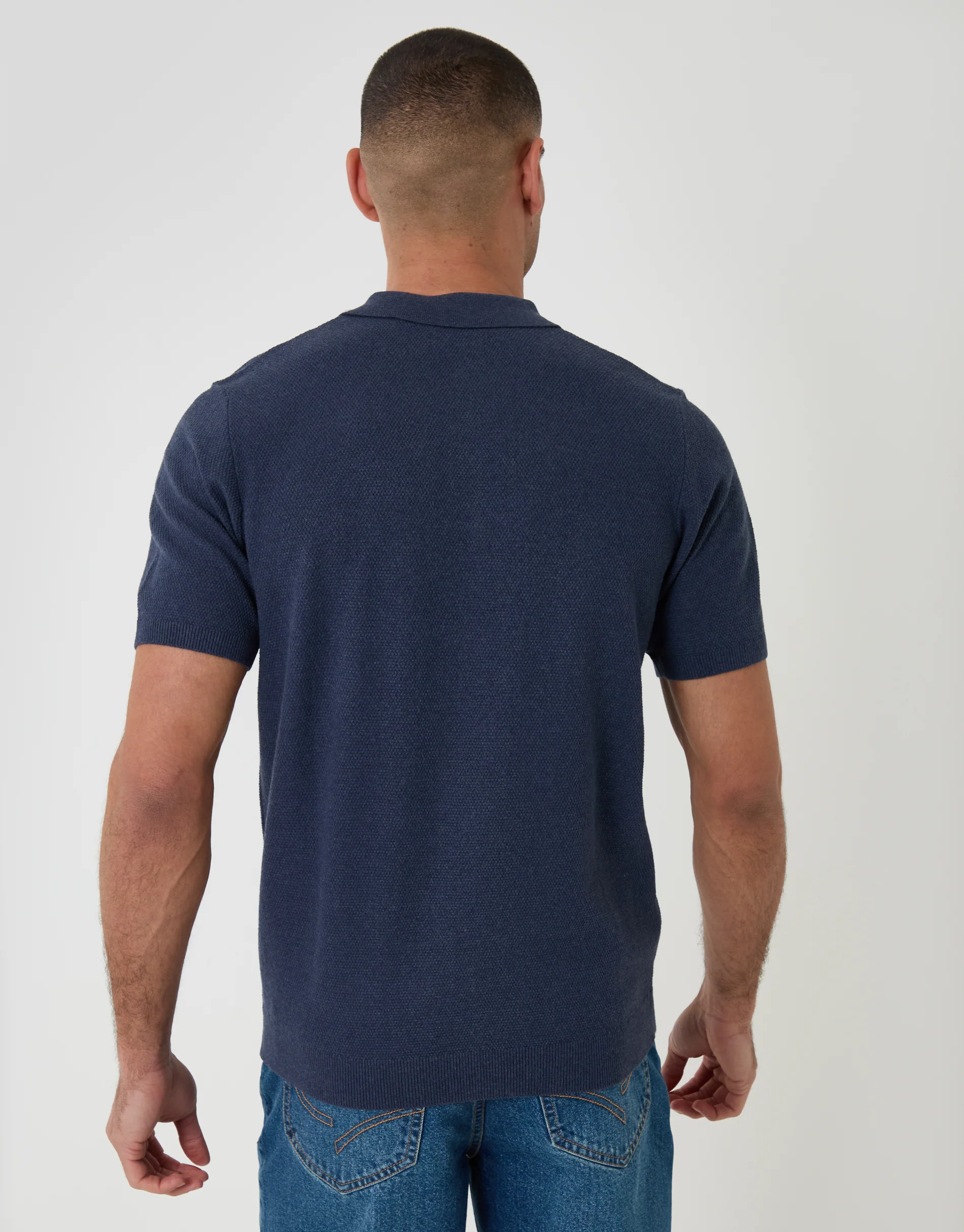 Moss Stitch Knitted Polo in Navy - Image 3