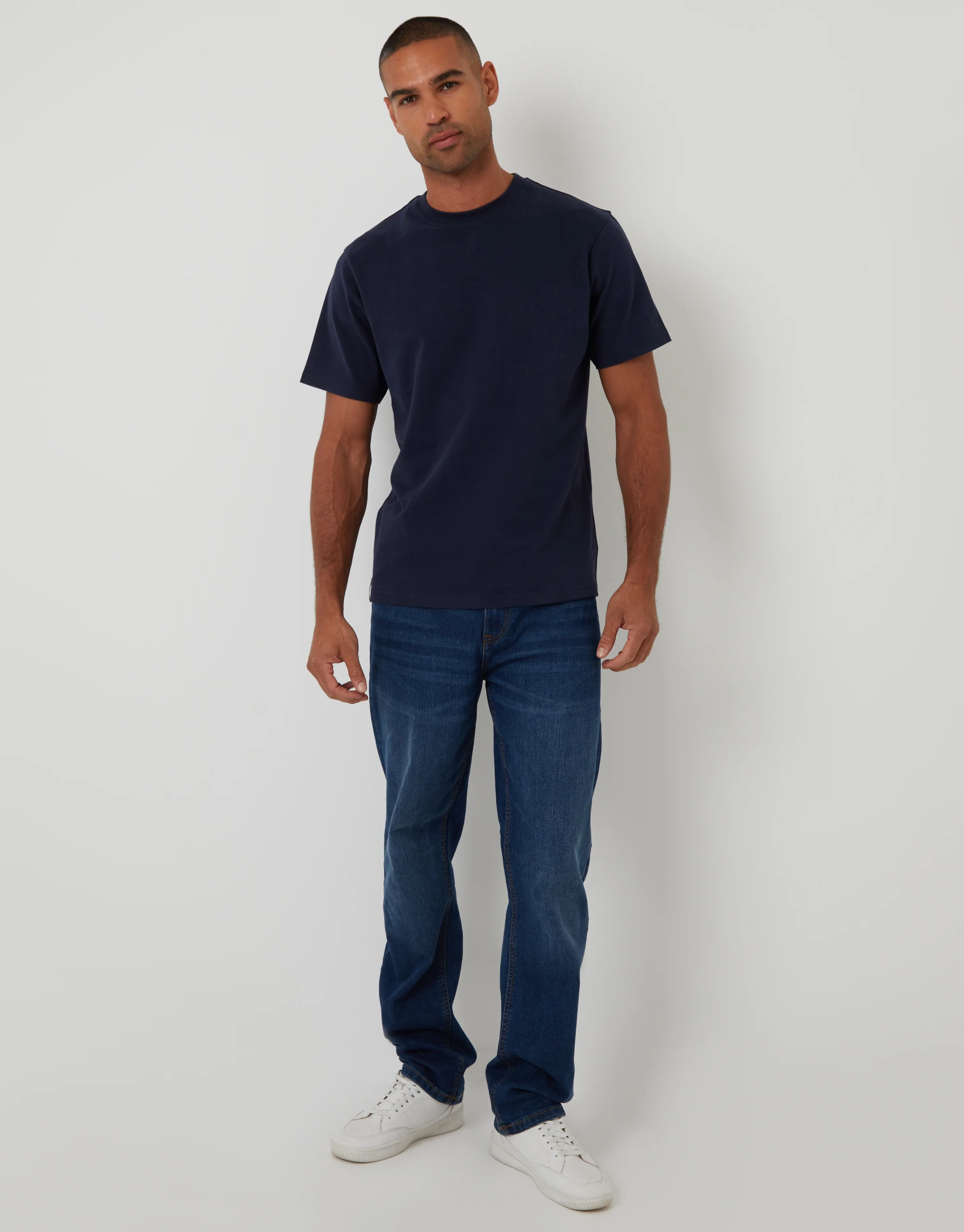 Peached Cotton Crew Neck T-Shirt in Navy - Image 3