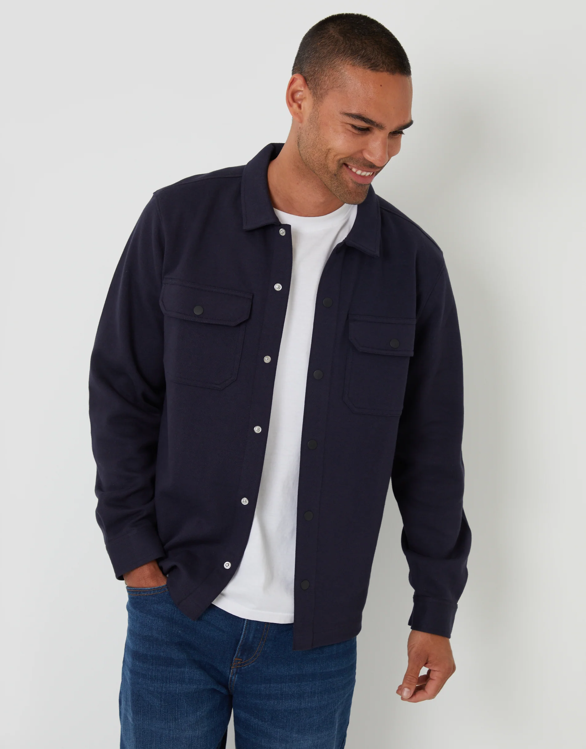 Pique Popper Fastening Shacket in Navy
