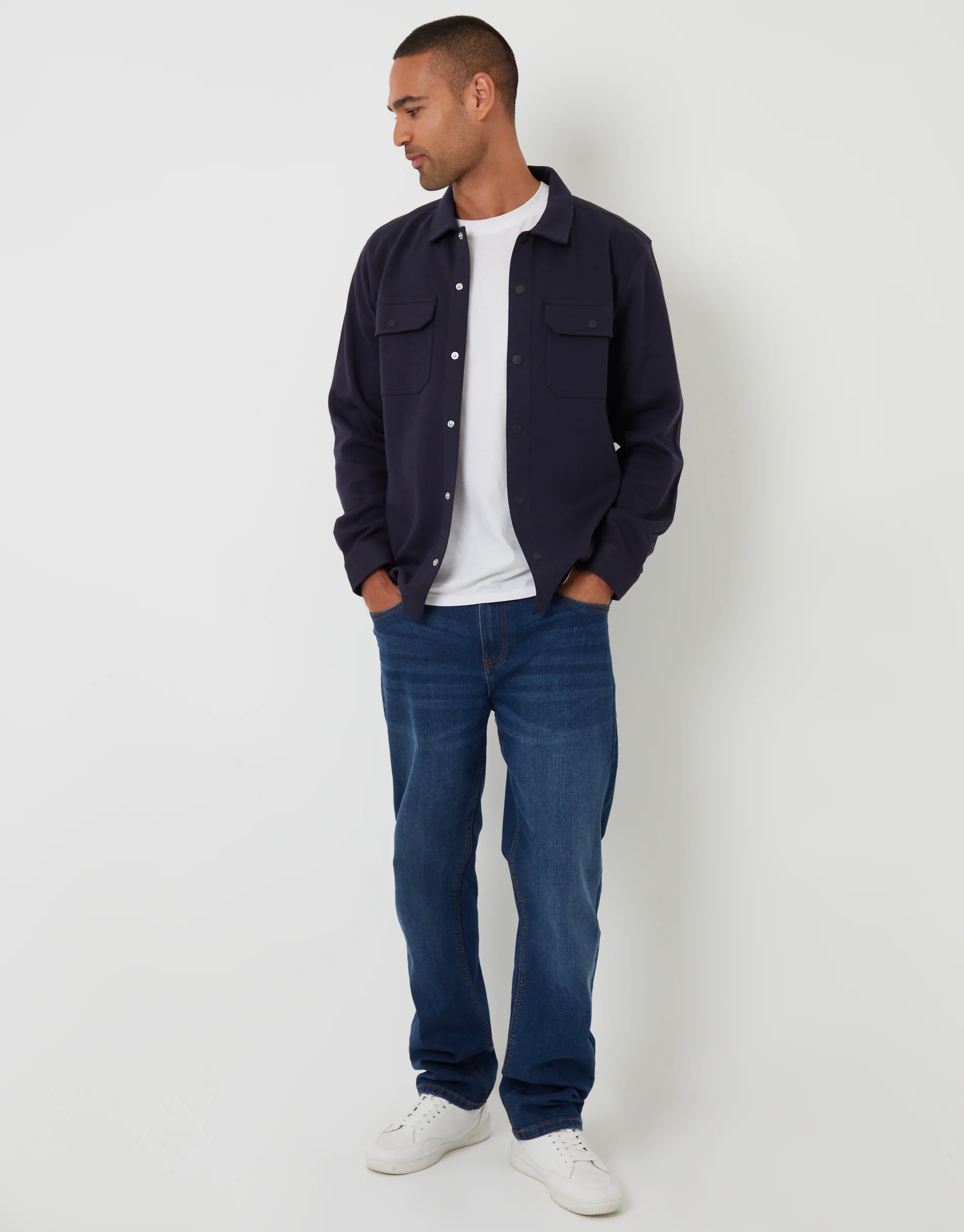 Pique Popper Fastening Shacket in Navy - Image 3