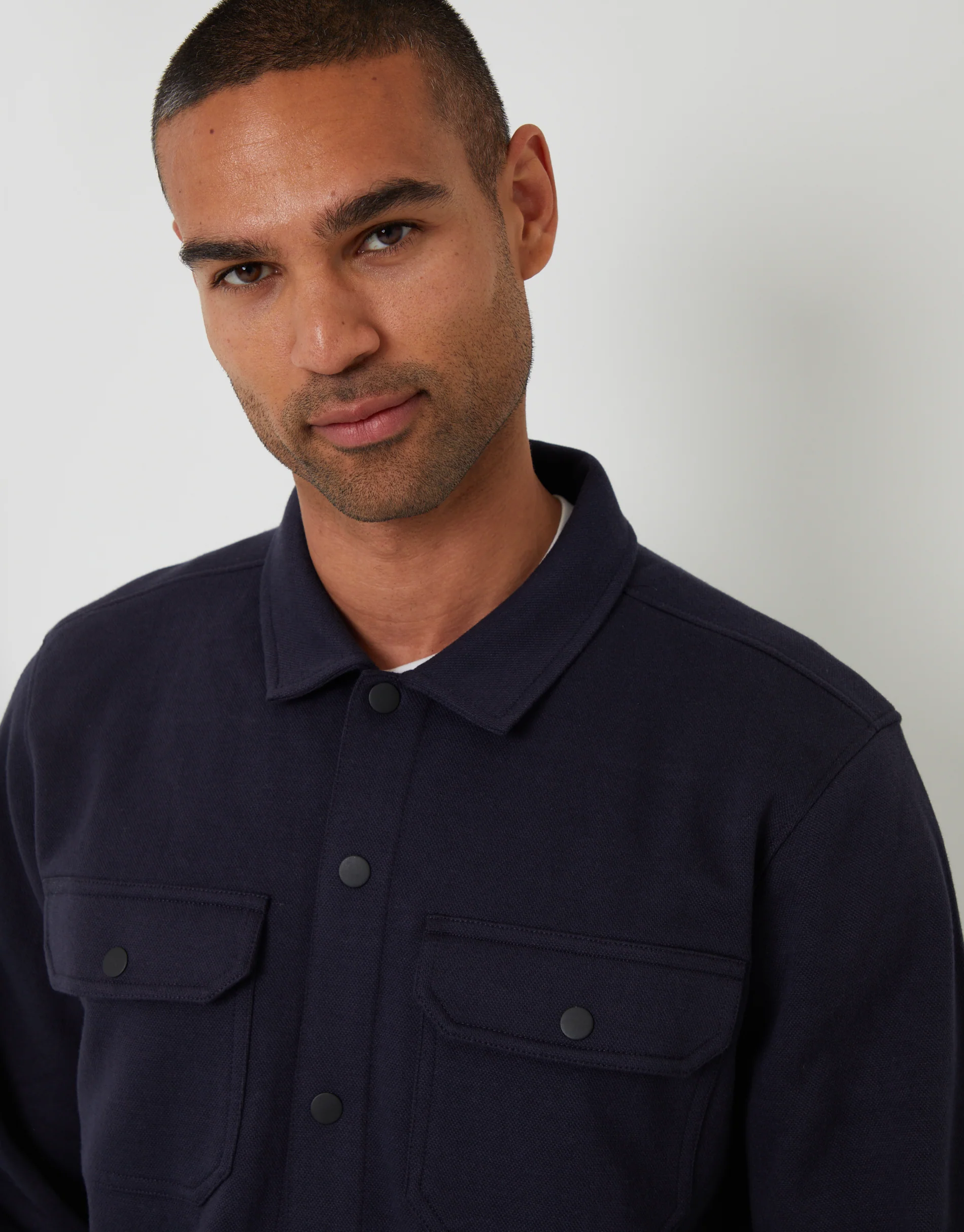Pique Popper Fastening Shacket in Navy - Image 4