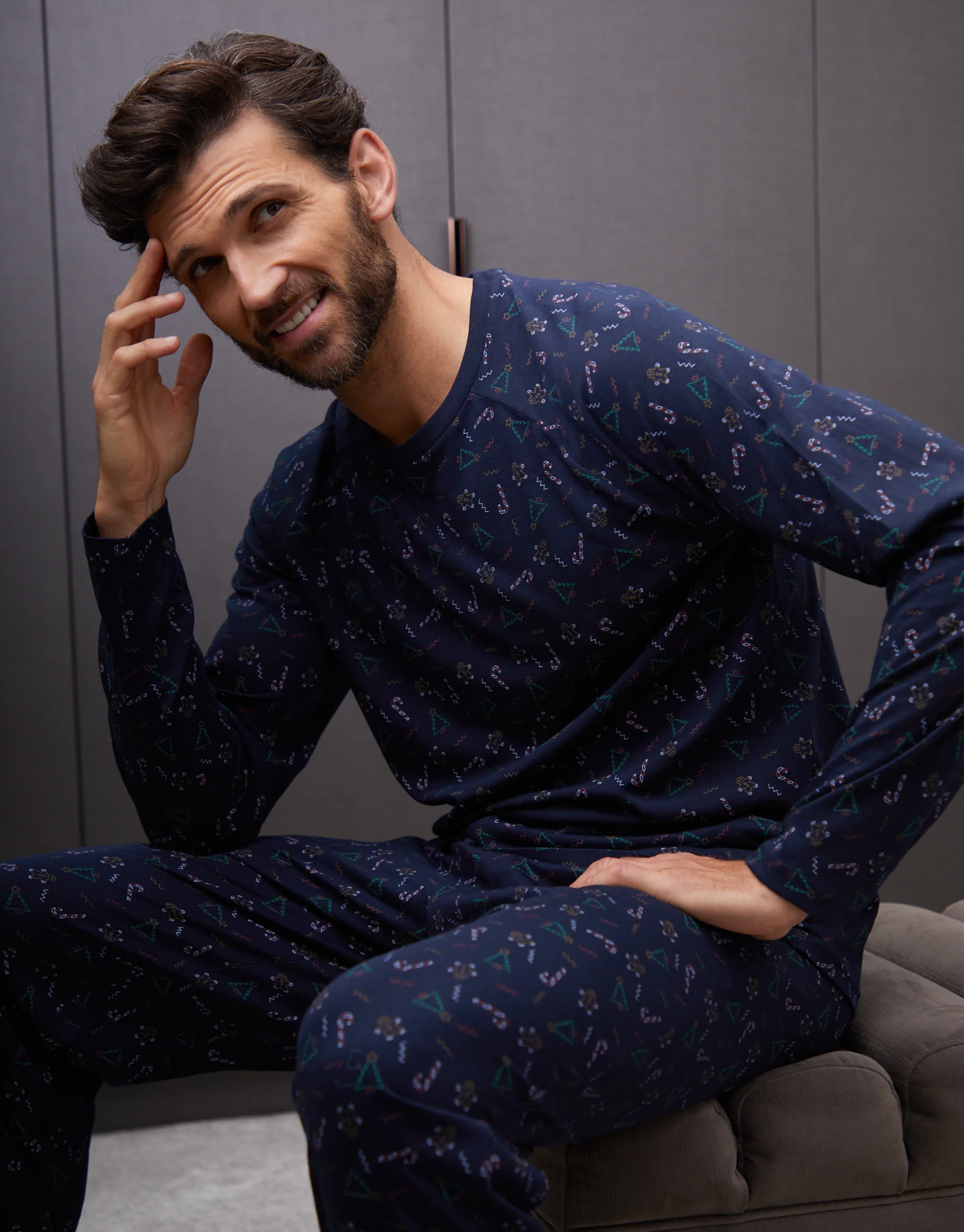 Printed Christmas Long Pyjama Set in Navy