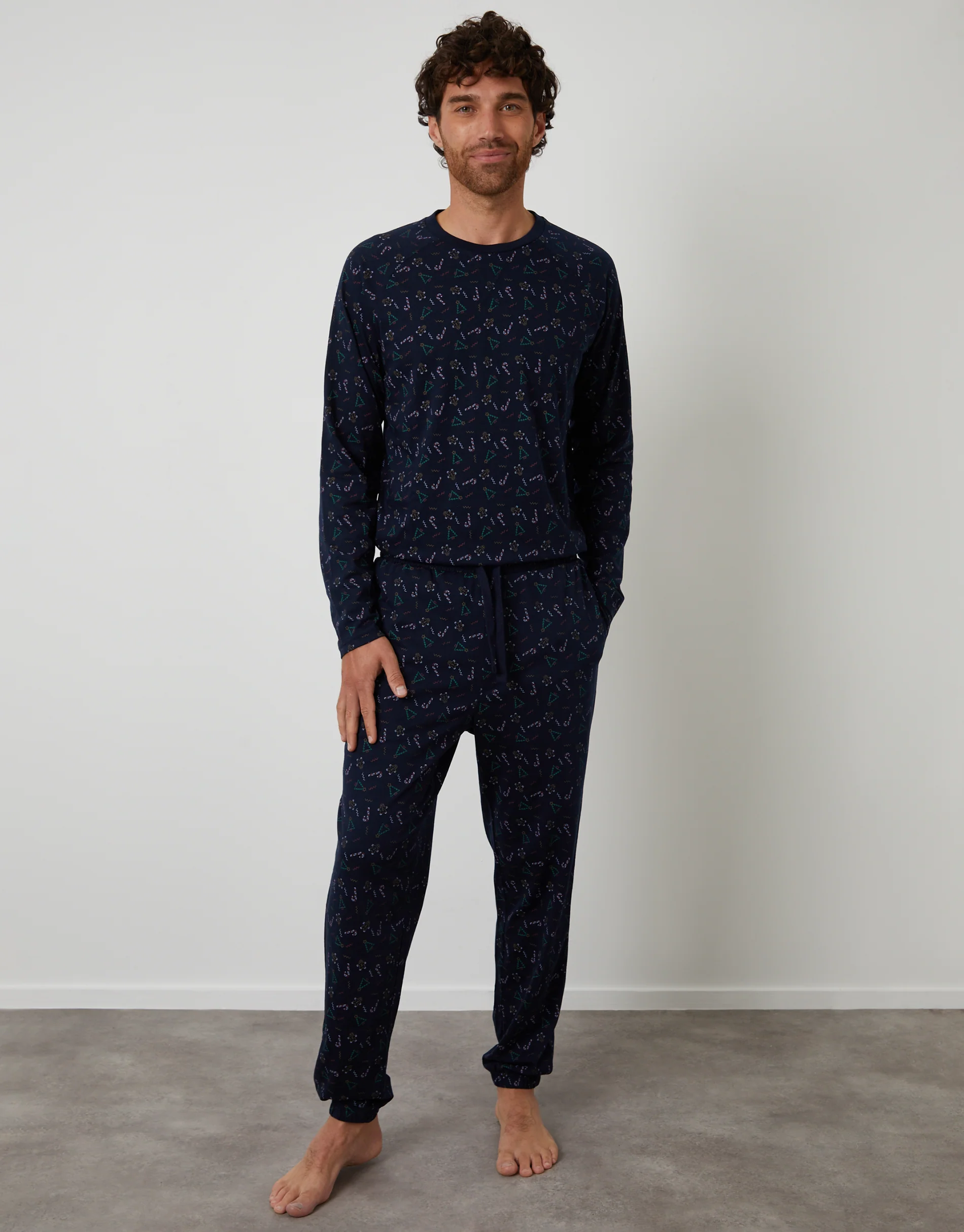Printed Christmas Long Pyjama Set in Navy - Image 2