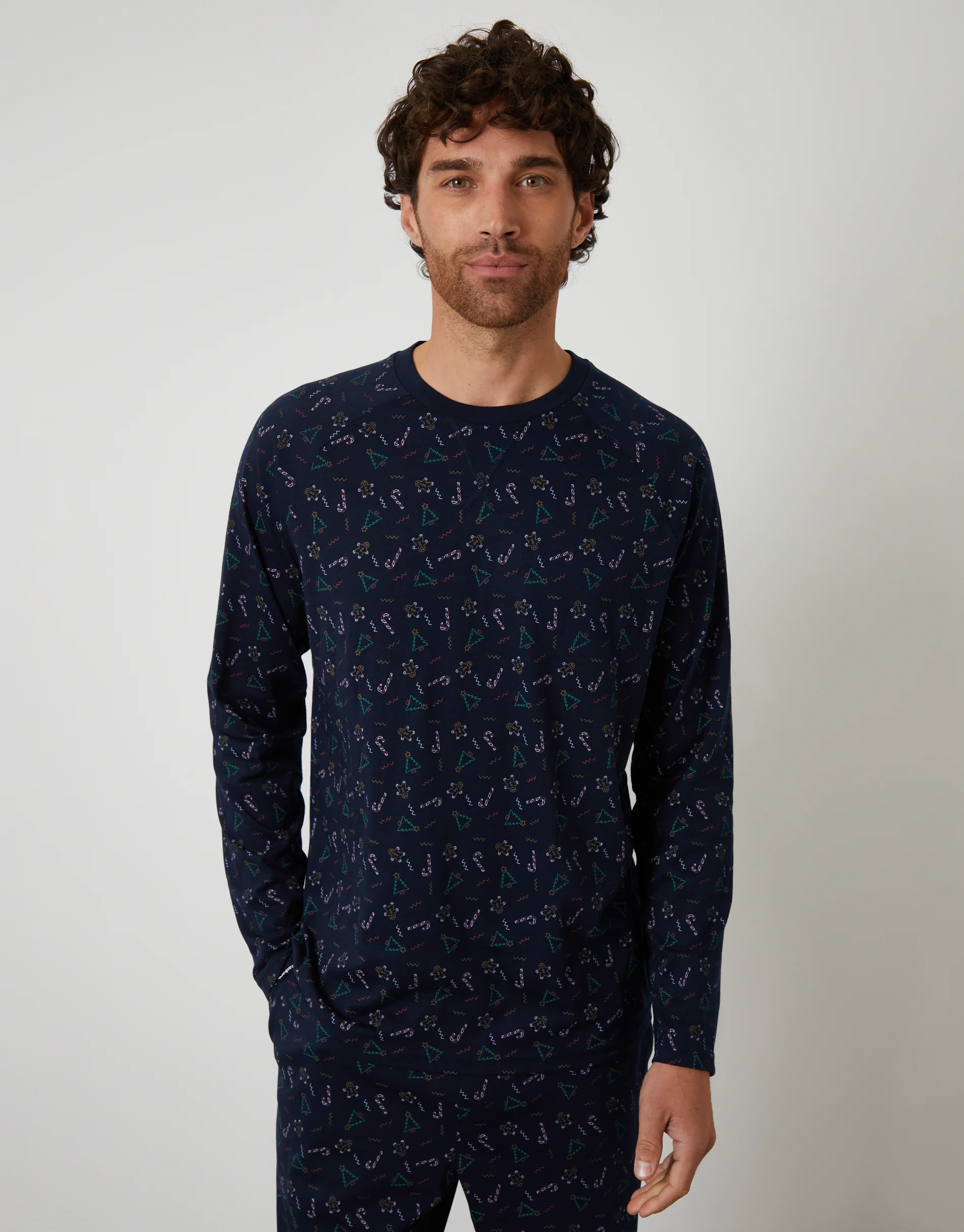Printed Christmas Long Pyjama Set in Navy - Image 3