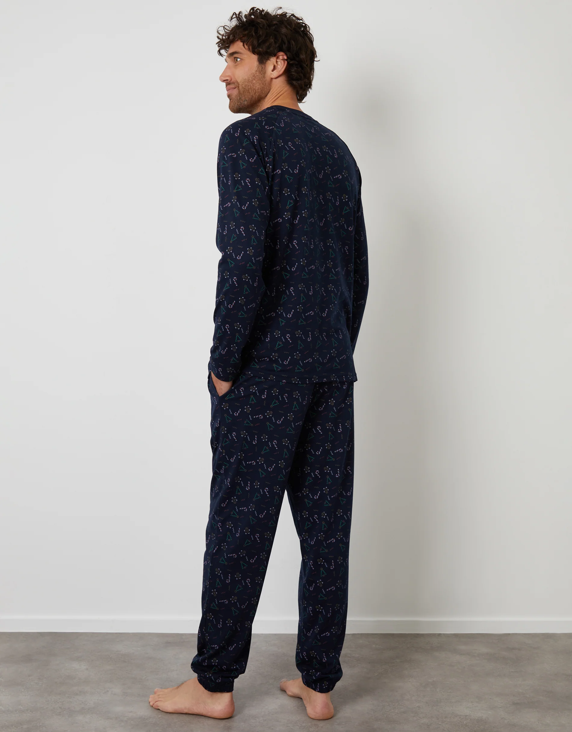 Printed Christmas Long Pyjama Set in Navy - Image 4