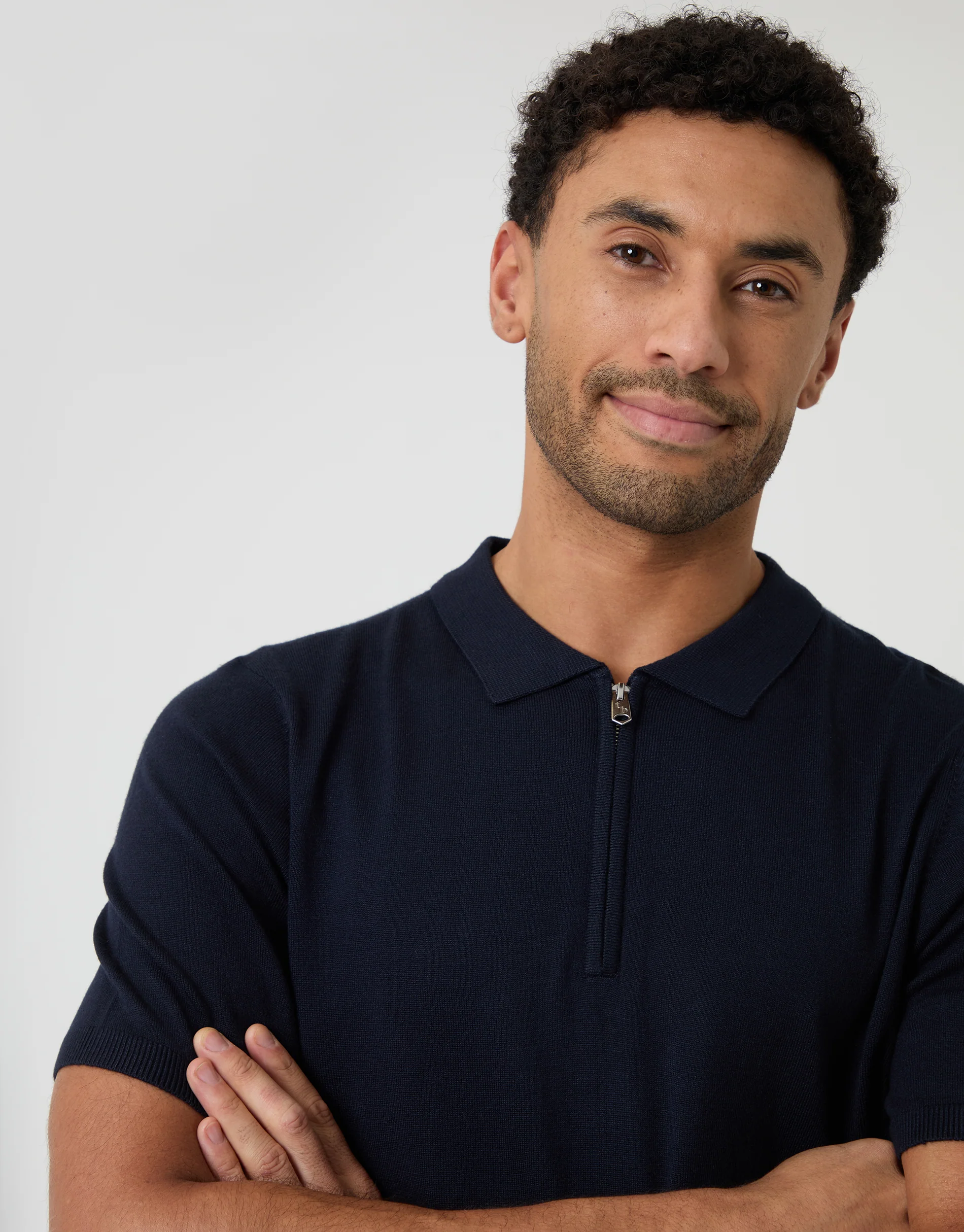 Quarter Zip Knitted Polo in Navy - Image 4