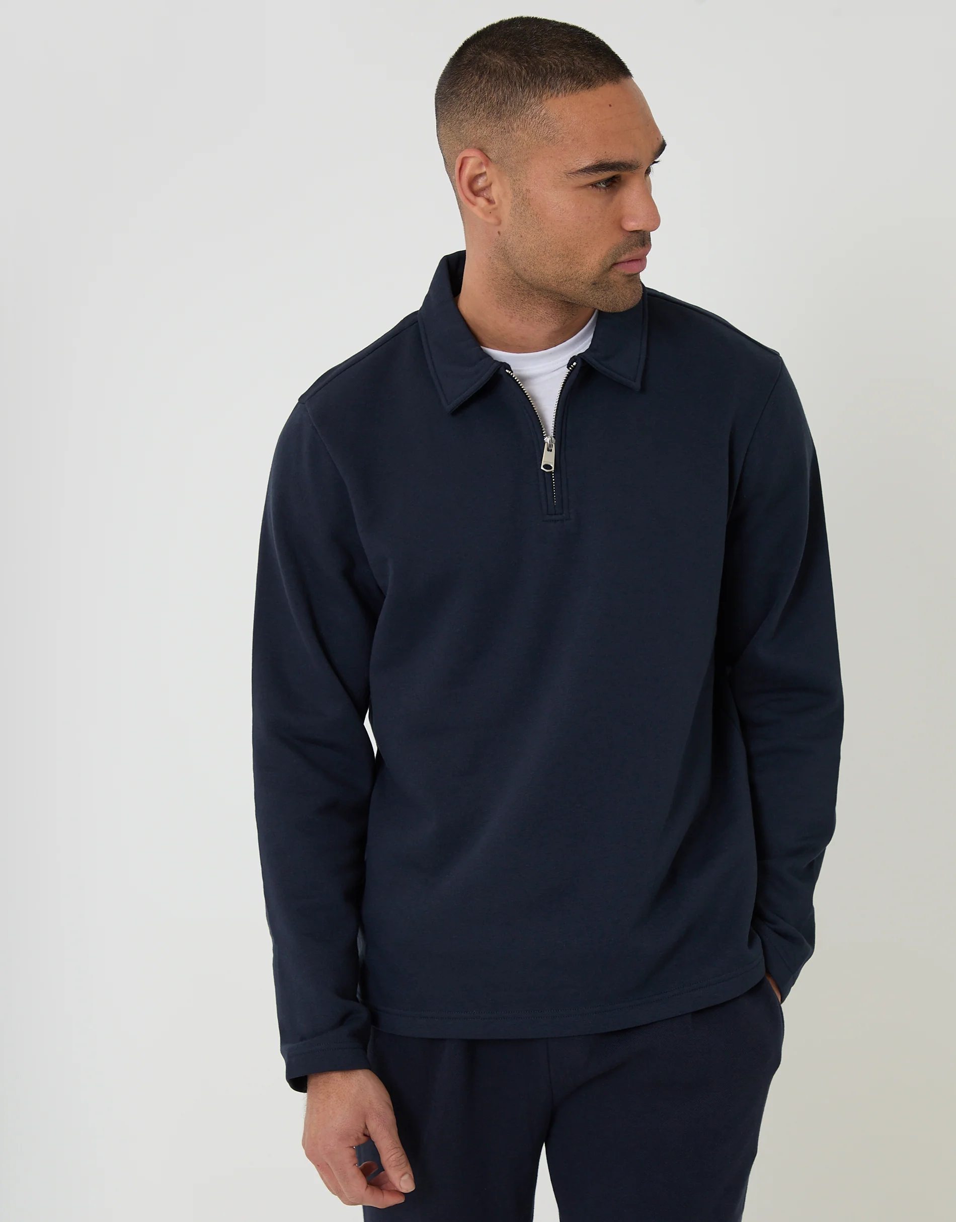 Quarter Zip Long Sleeve Polo Sweatshirt in Navy