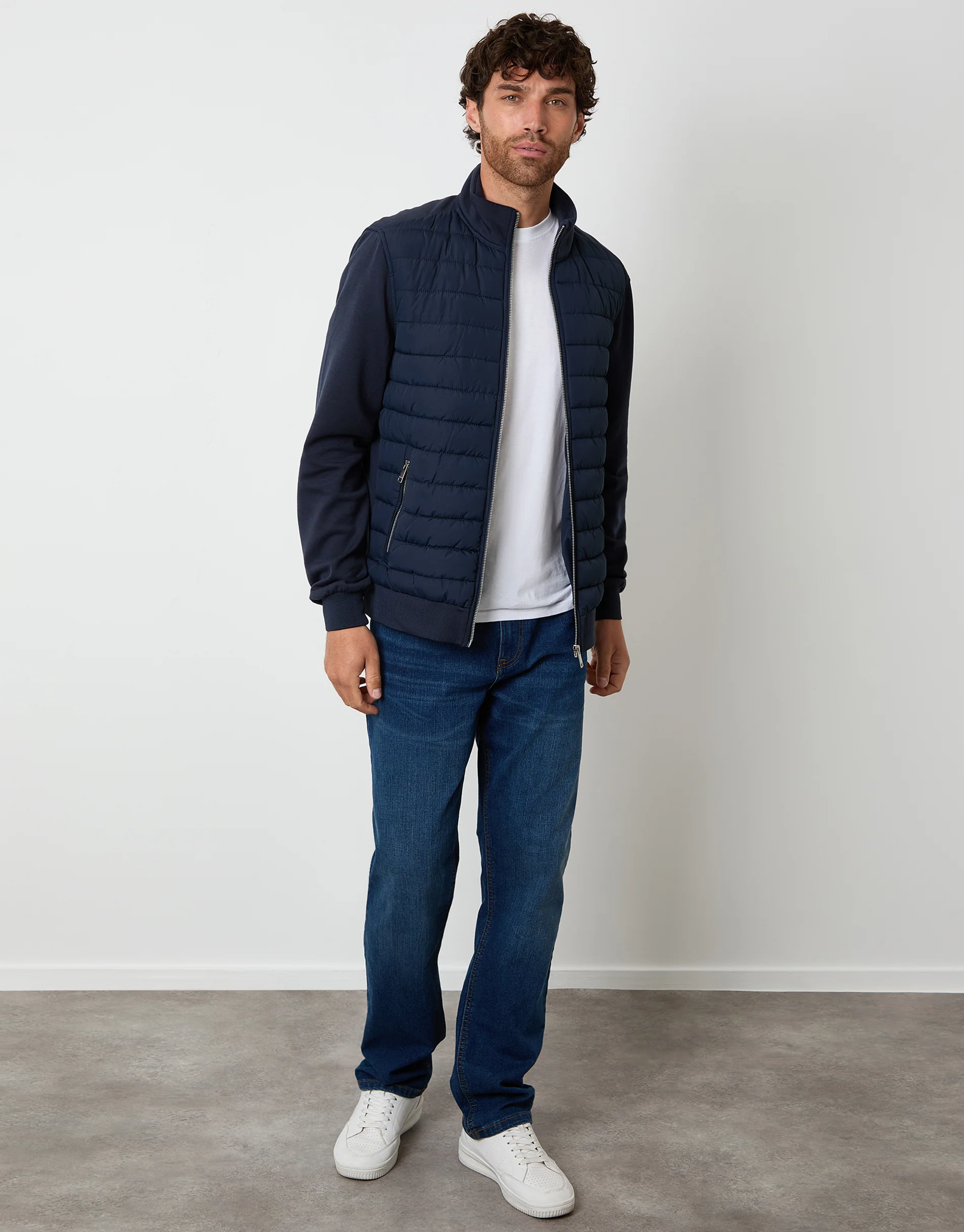 Quilted Hybrid Funnel Neck Jacket in Navy - Image 3