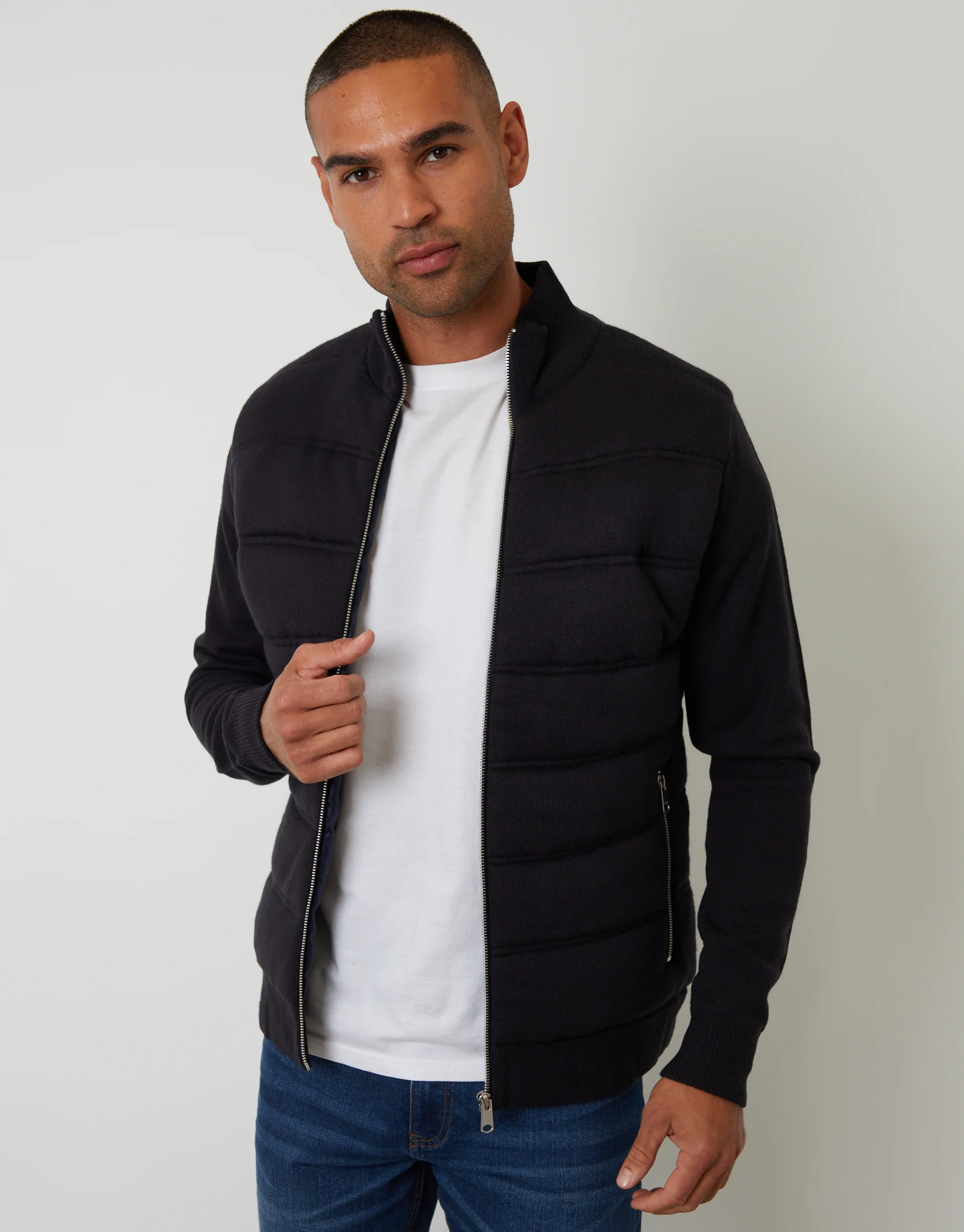 Quilted Zip Up Knitted Jacket in Navy
