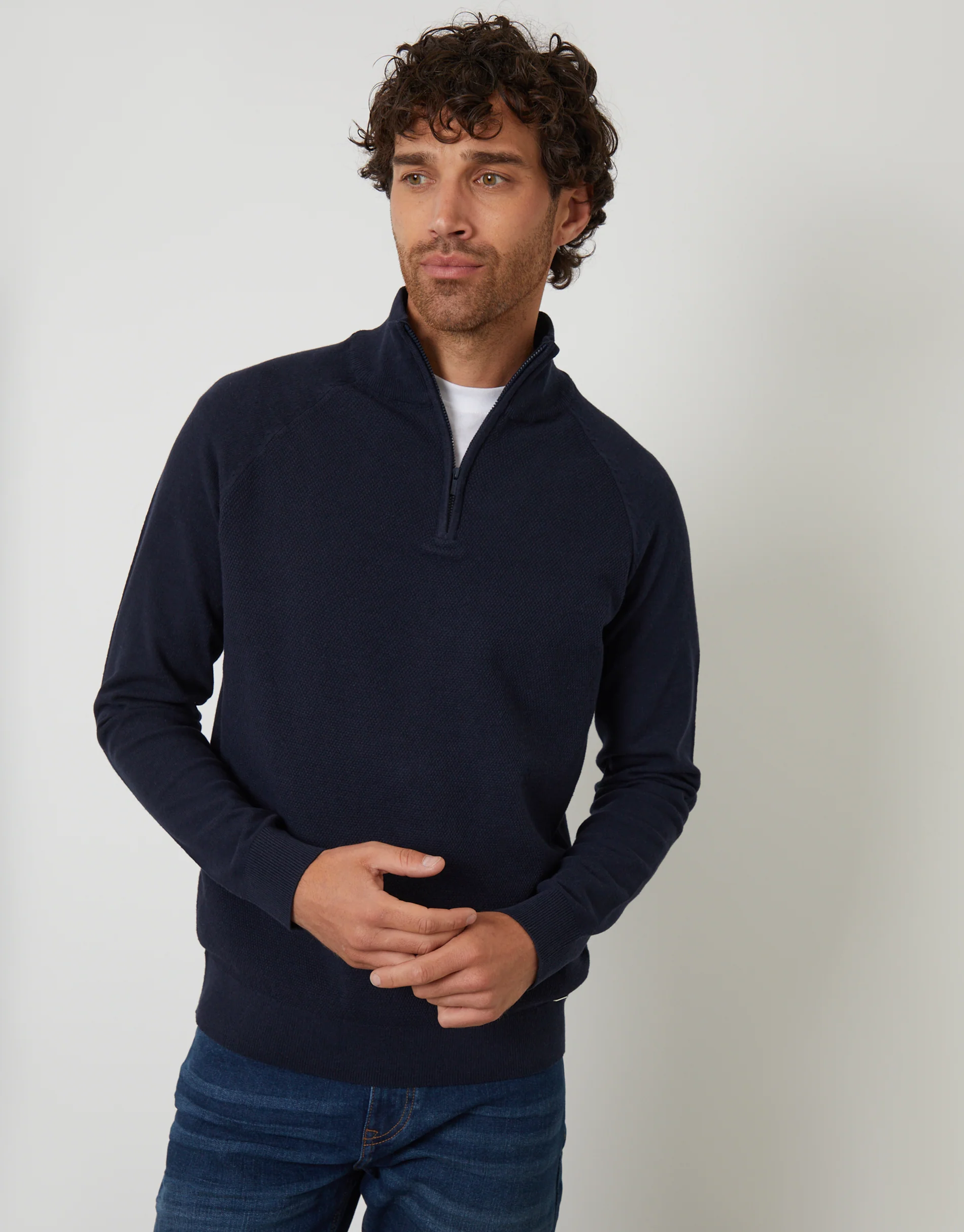 Raglan Knitted Quarter Zip Jumper in Navy