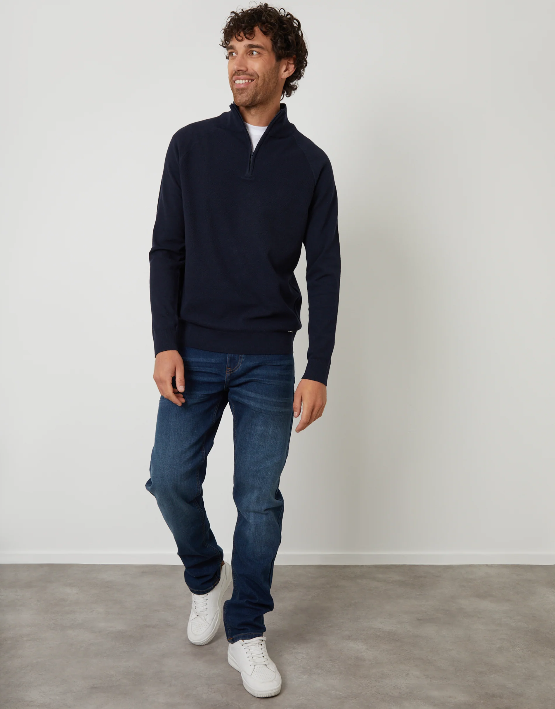 Raglan Knitted Quarter Zip Jumper in Navy - Image 3