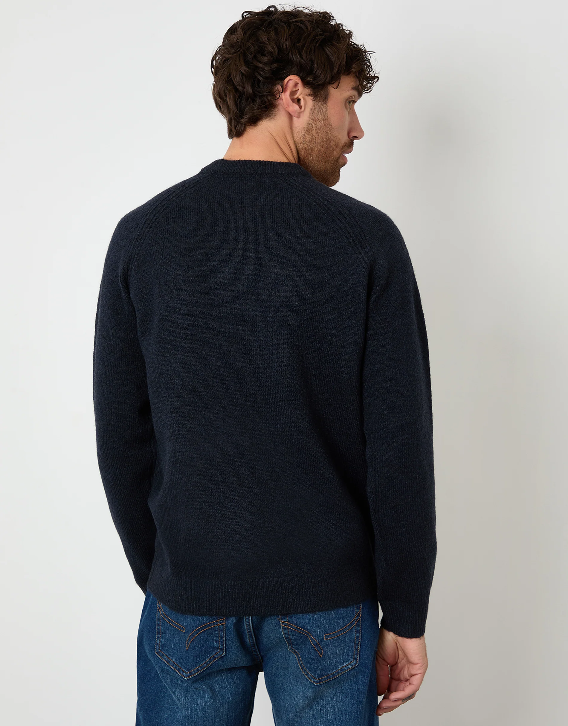 Raglan Rib Knitted Crew Neck Jumper in Navy - Image 2