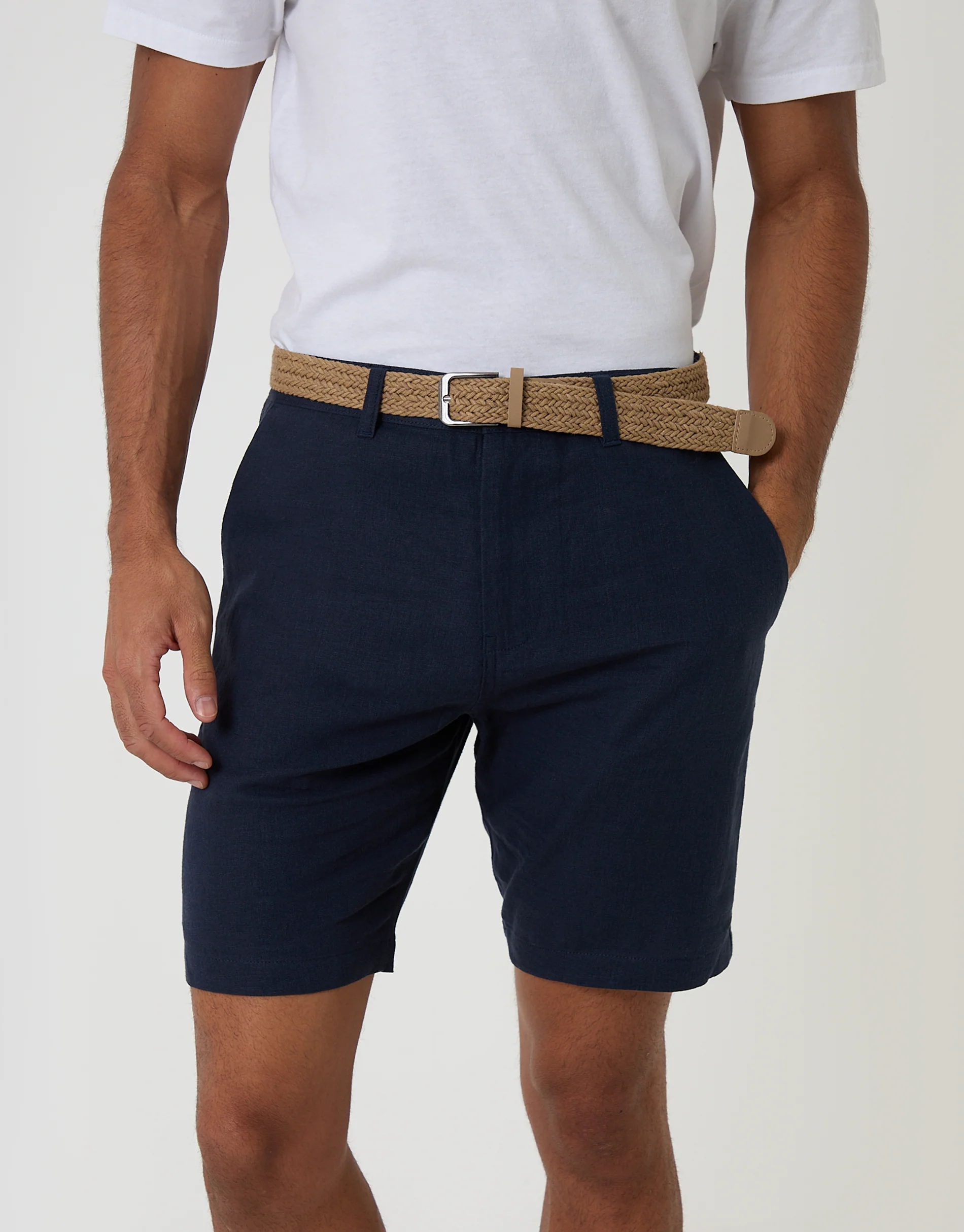 Regular Fit Linen Blend Shorts with Belt in Navy - Image 2