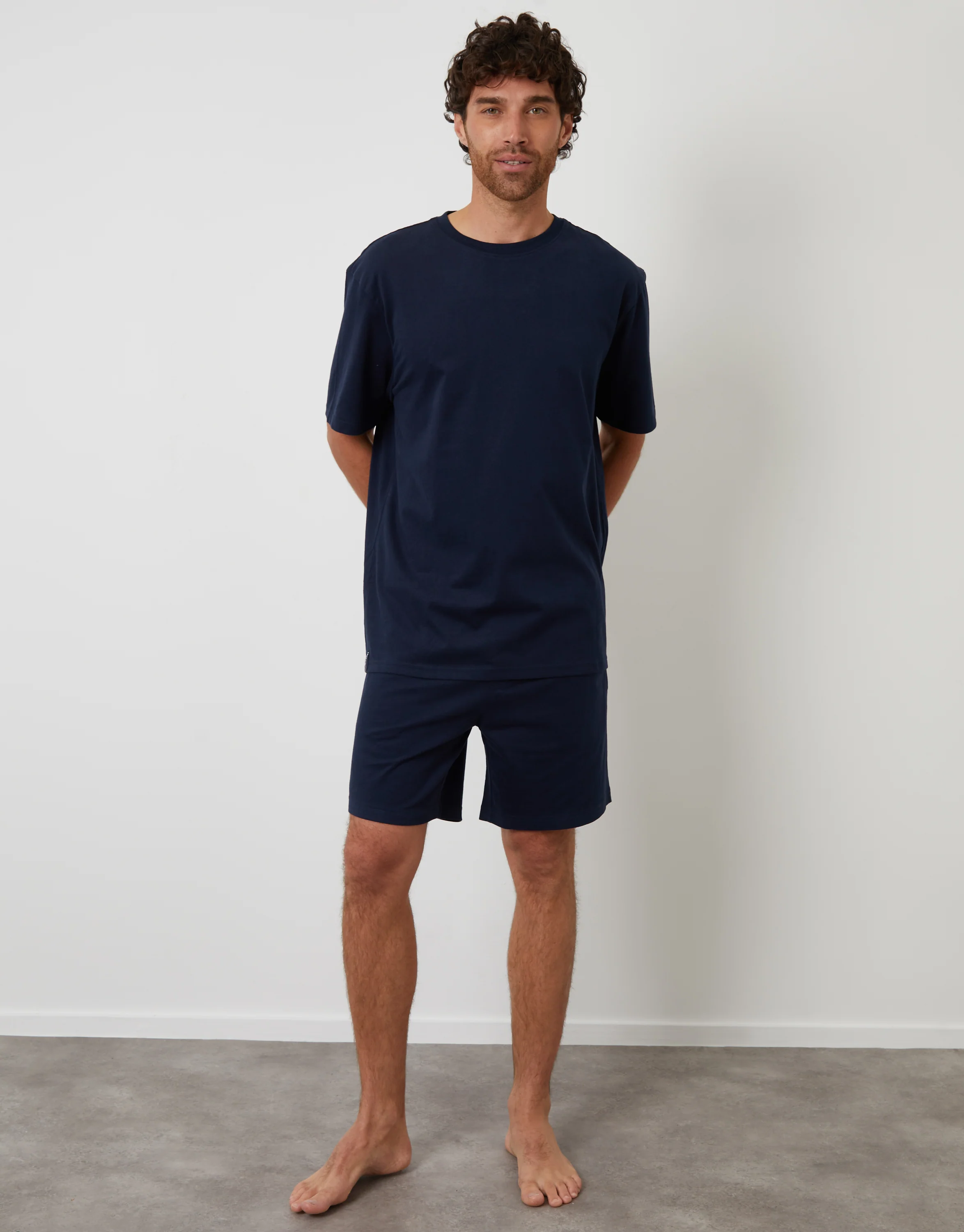 Relaxed Fit Peached Cotton Shortie Lounge Set in Navy - Image 3
