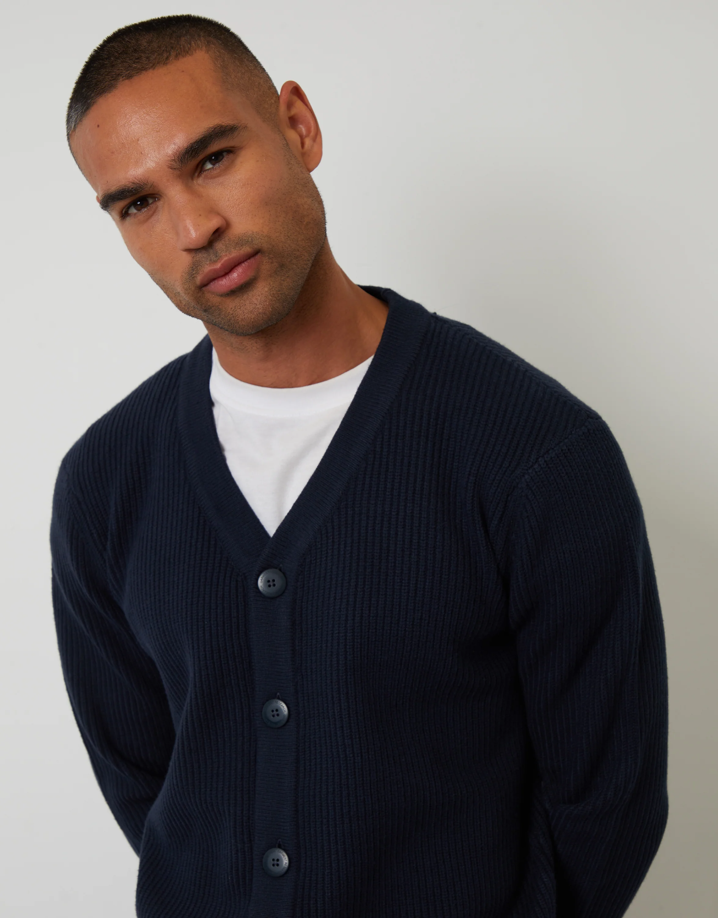 Rib Knit Button Up Cardigan in Navy - Image 4