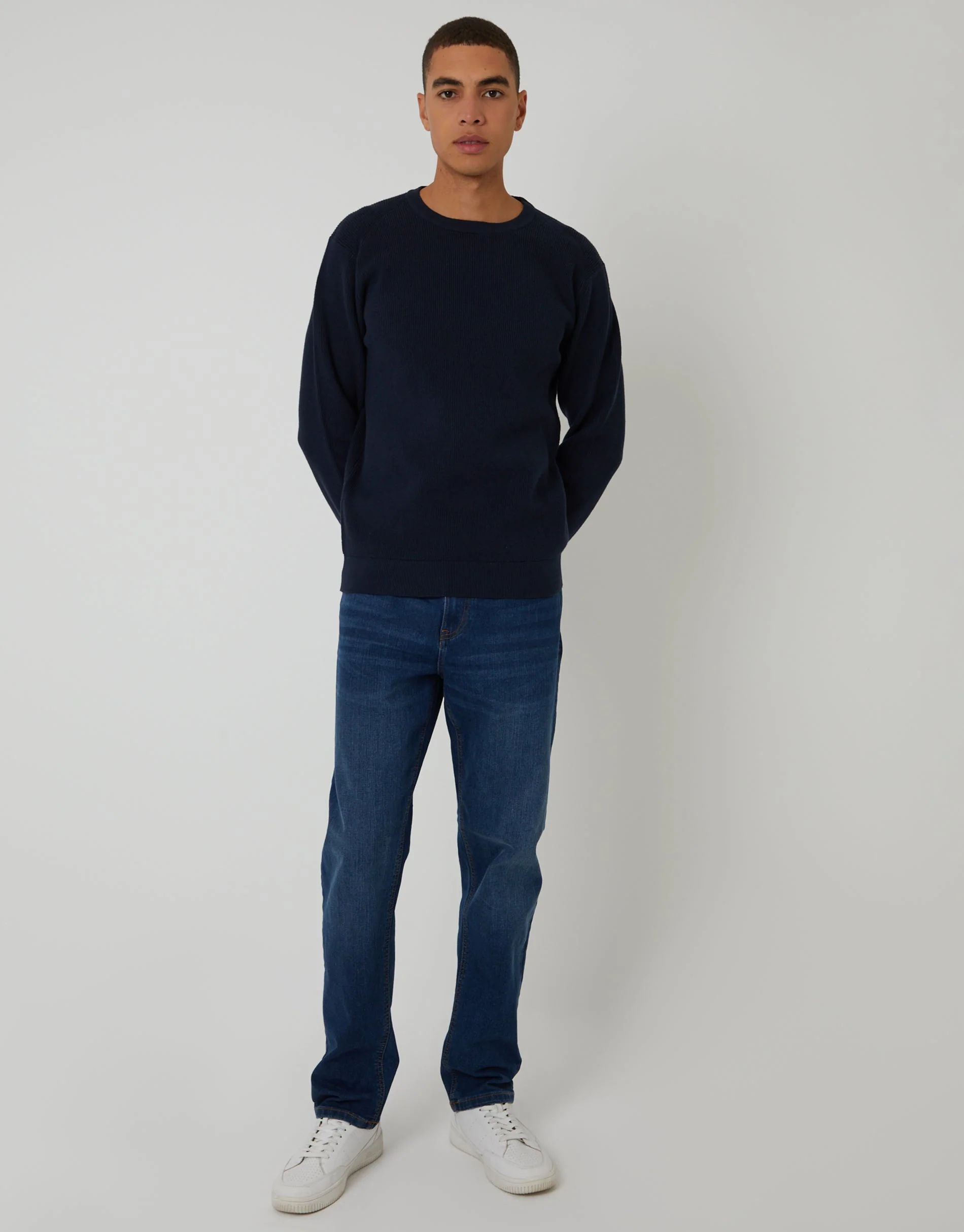 Rib Knit Crew Neck Jumper in Navy - Image 3