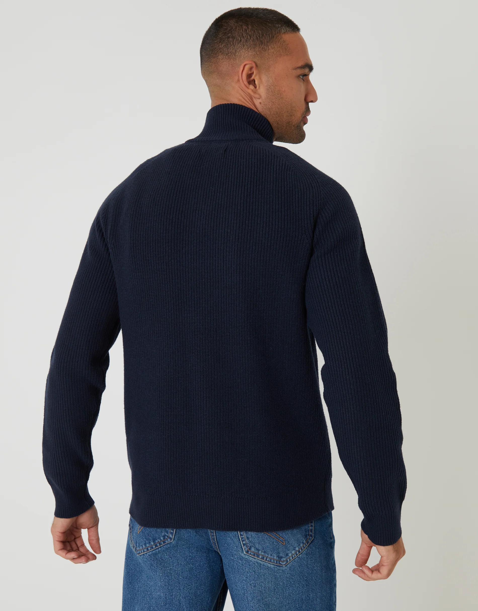 Rib Panel Quarter Zip Knitted Jumper in Navy - Image 2
