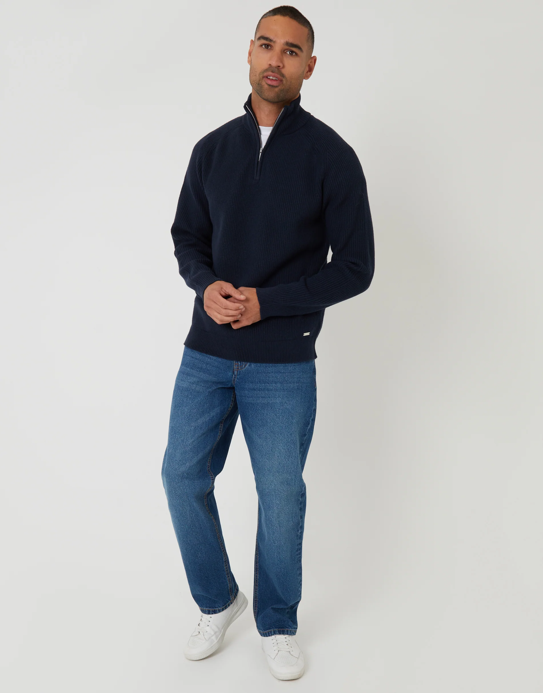 Rib Panel Quarter Zip Knitted Jumper in Navy - Image 3