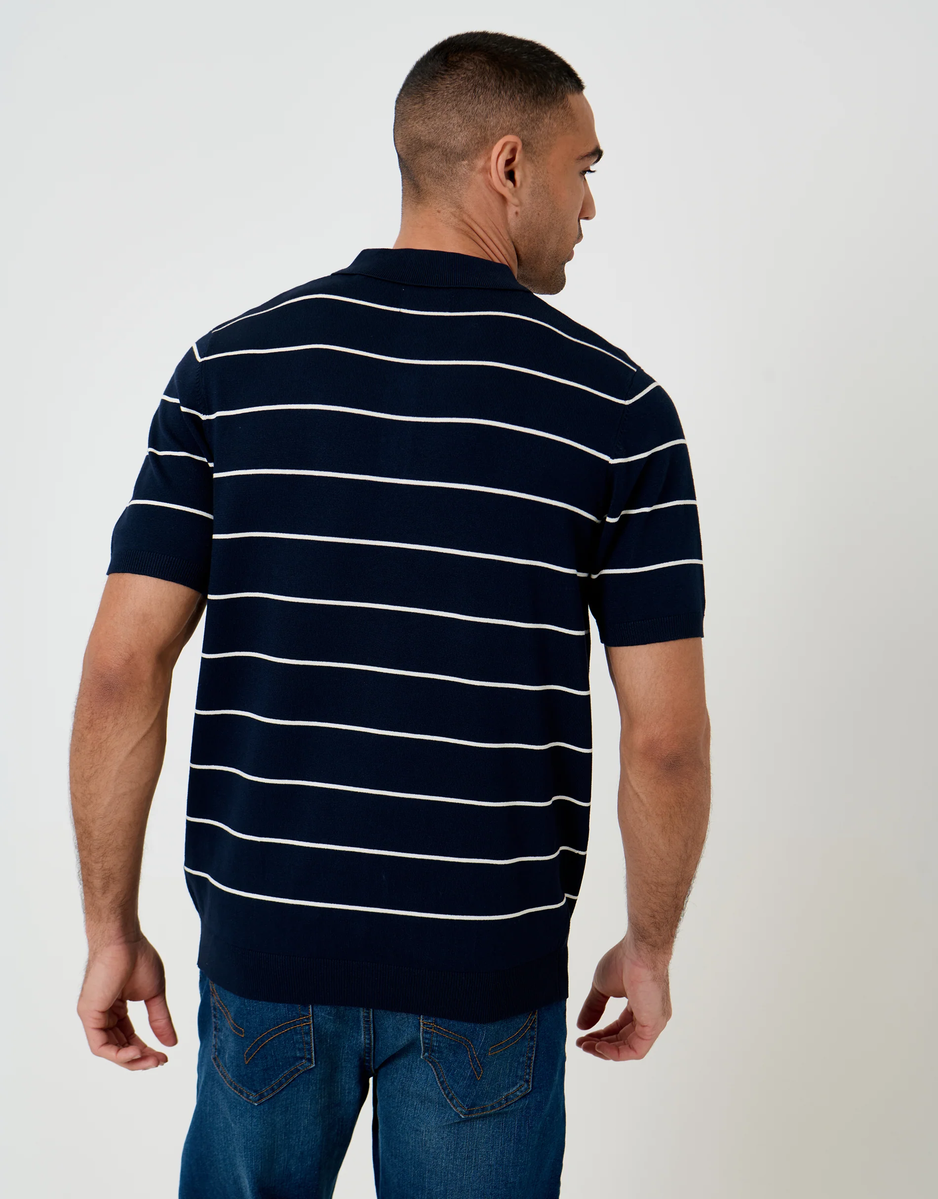 Ribbed Knitted Polo in Navy Stripe - Image 2