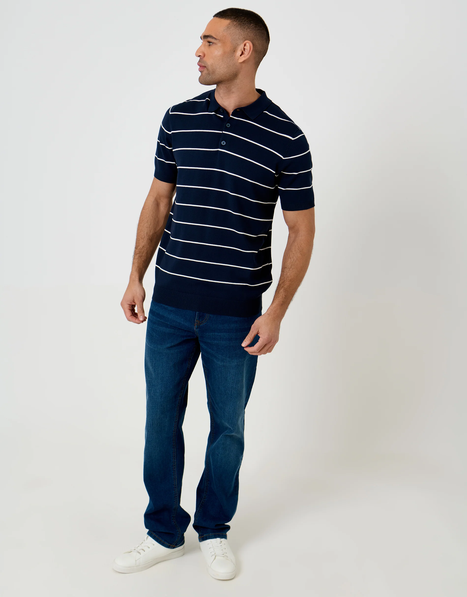 Ribbed Knitted Polo in Navy Stripe - Image 3