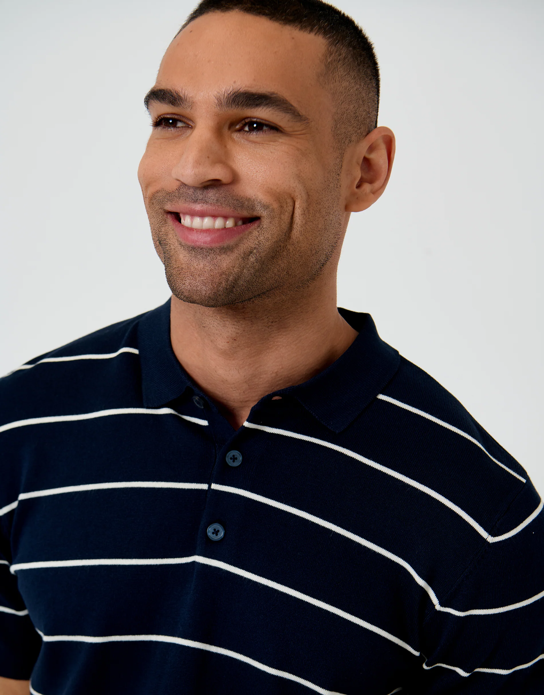 Ribbed Knitted Polo in Navy Stripe - Image 4