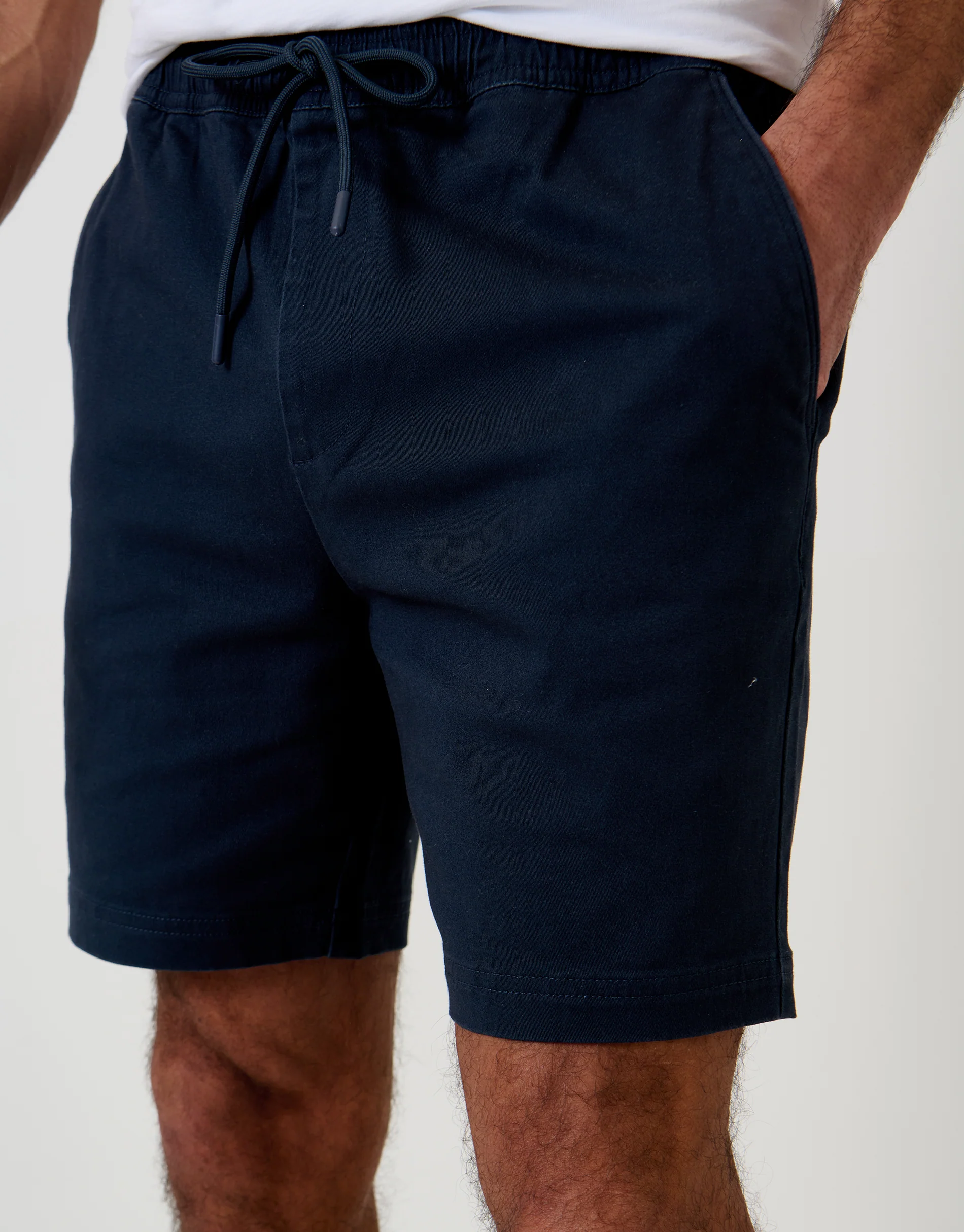 Shorter Length Elasticated Waist Stretch Chino Shorts in Navy - Image 4