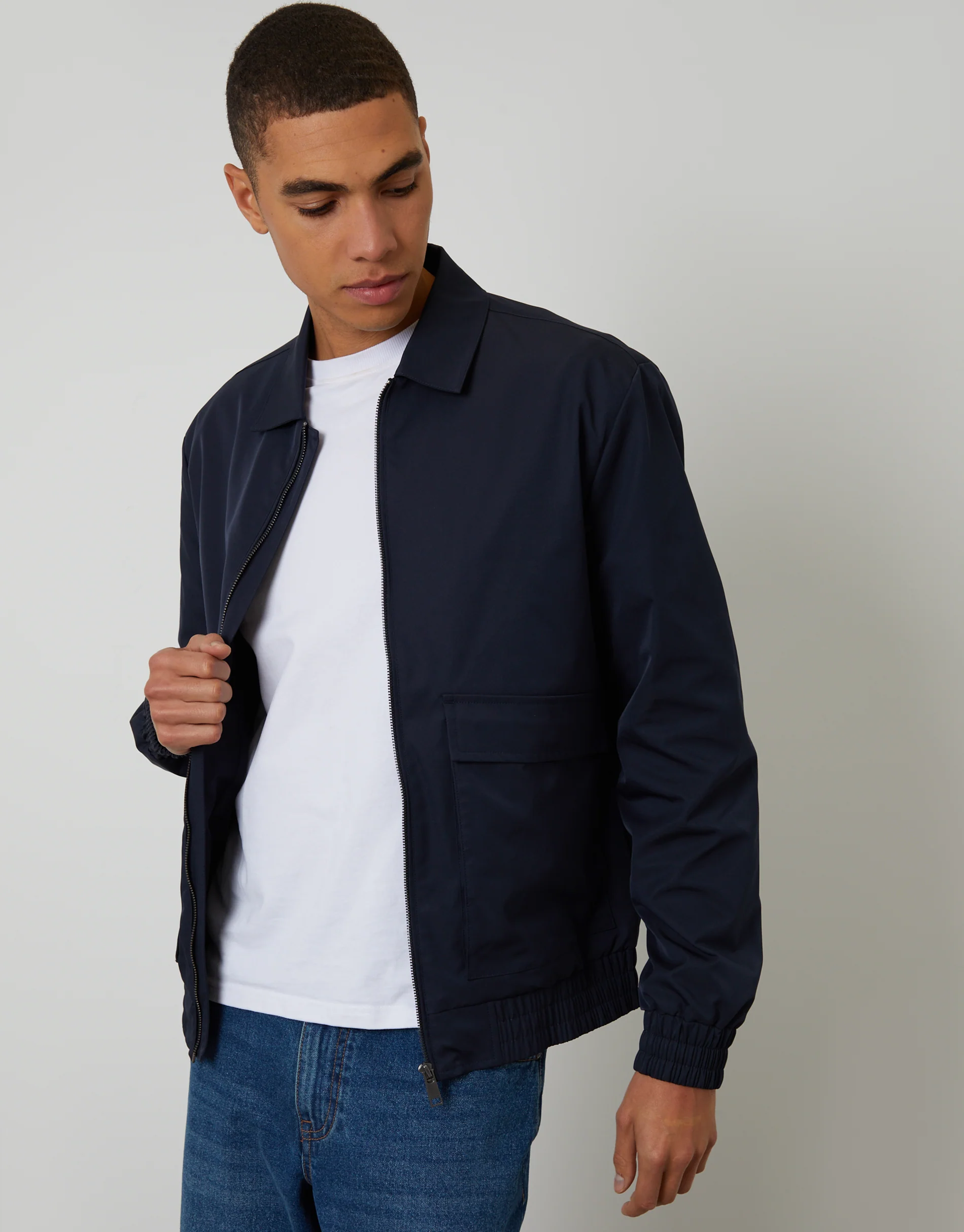 Showerproof Patch Pocket Zip Up Collared Jacket in Navy