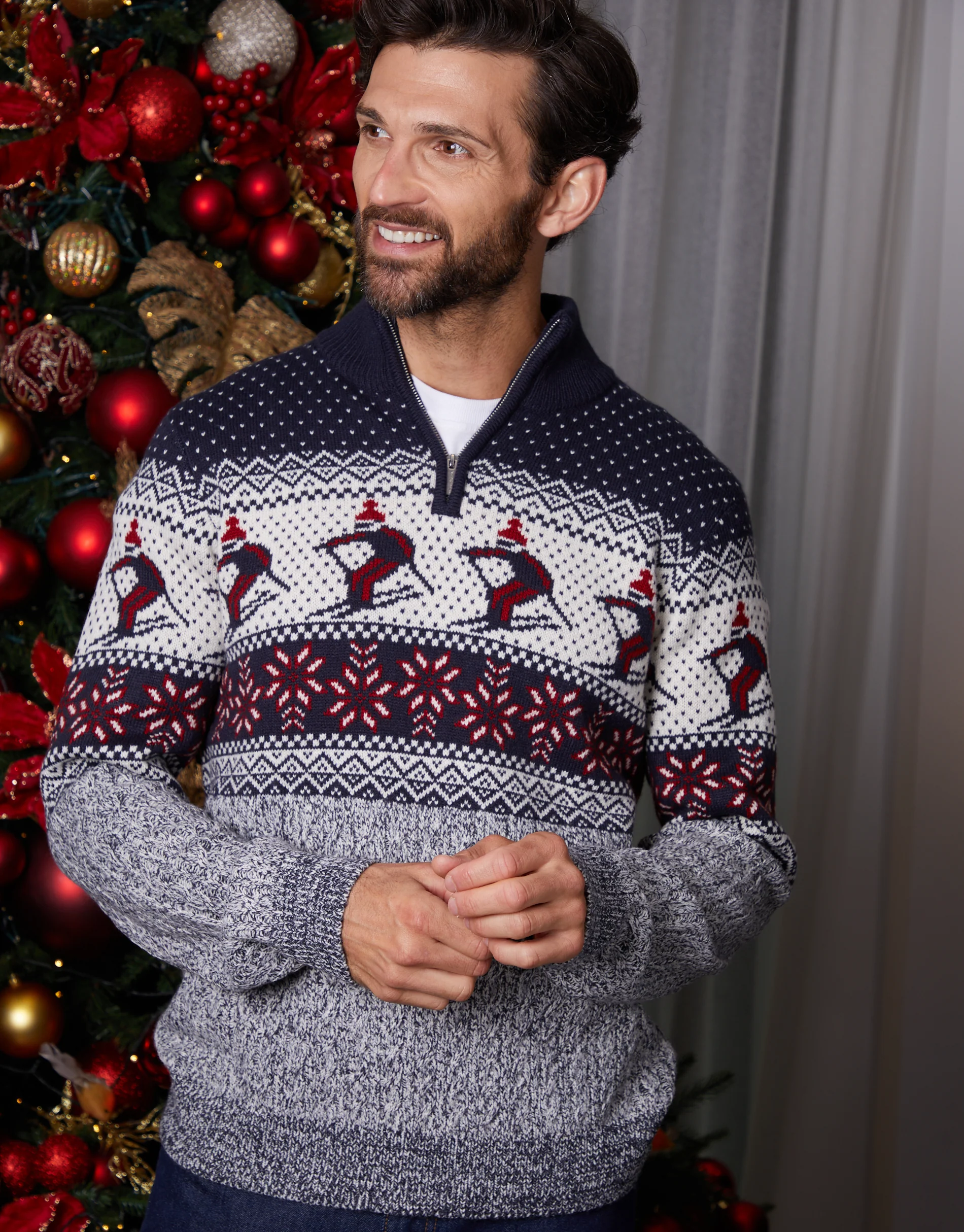 Ski Fairisle Cable Knit Quarter Zip Jumper in Navy
