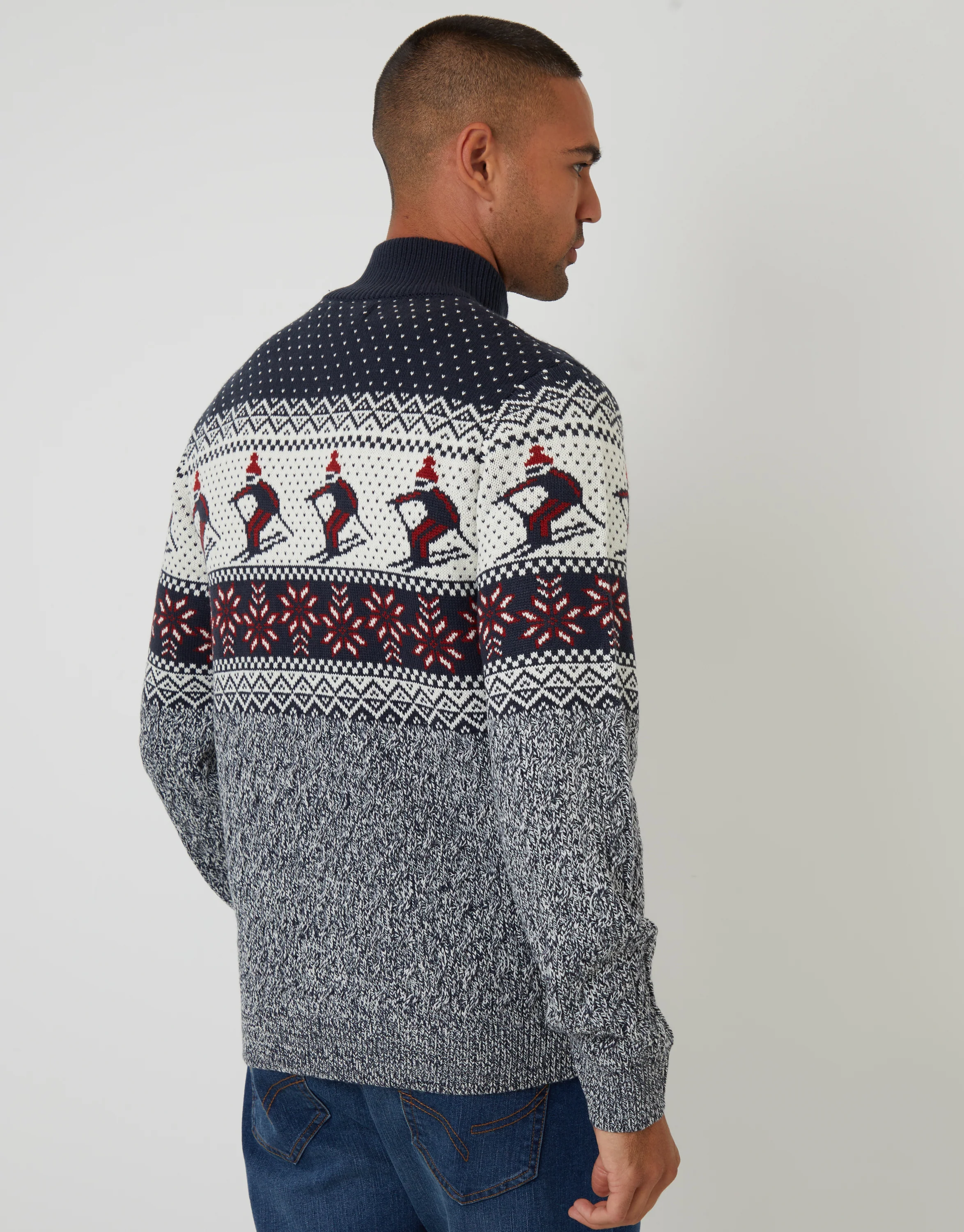 Ski Fairisle Cable Knit Quarter Zip Jumper in Navy - Image 3