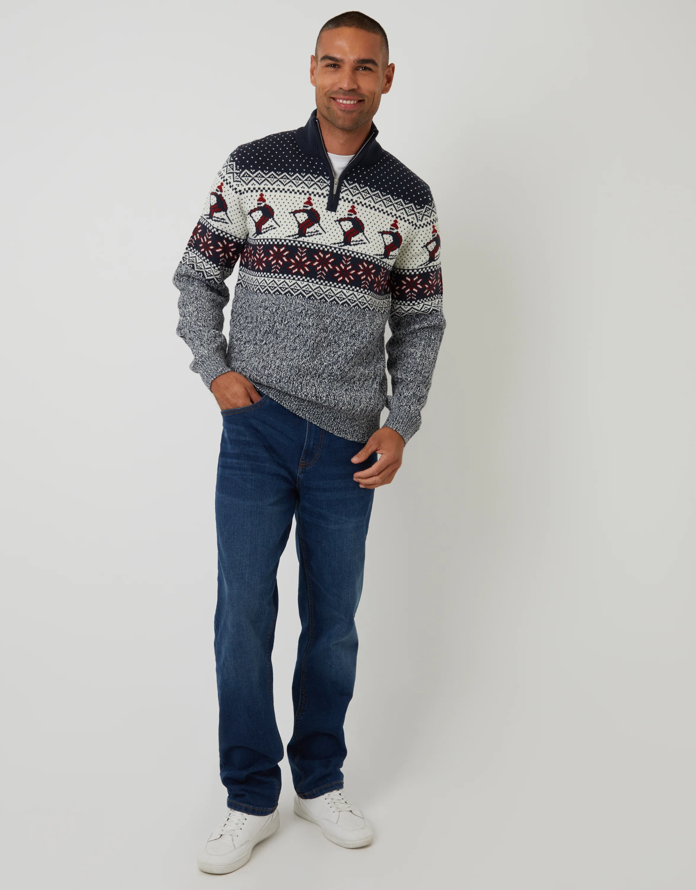 Ski Fairisle Cable Knit Quarter Zip Jumper in Navy - Image 4