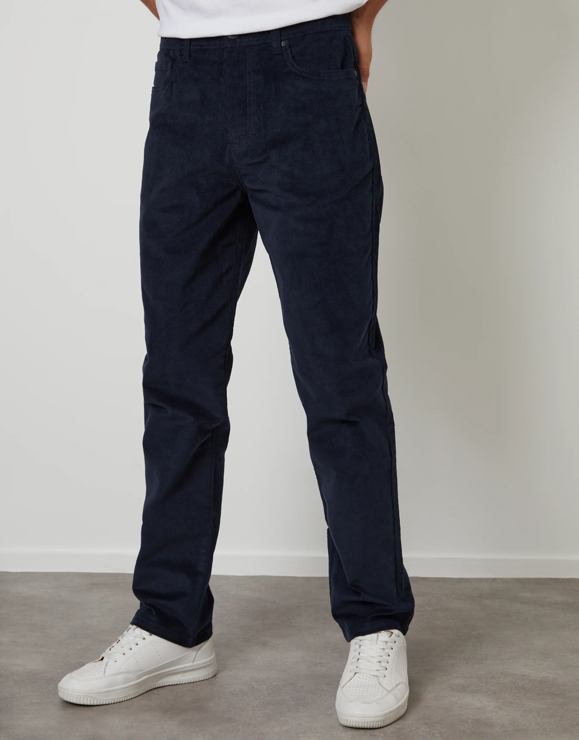 Straight Leg 5 Pocket Stretch Corduroy Trousers in Navy - Image 2
