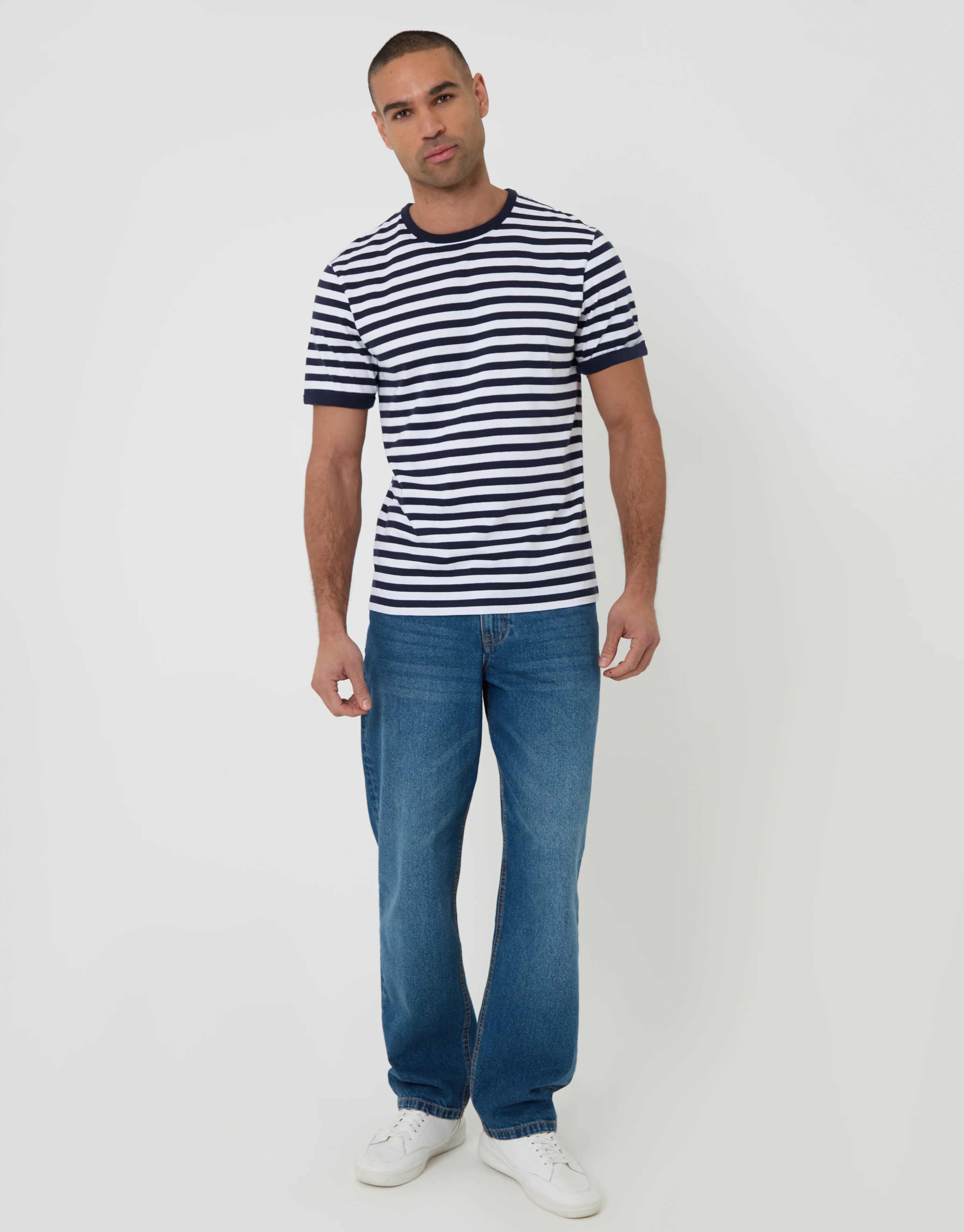 Cotton Ringer T-Shirt in Navy Stripe - Image 3