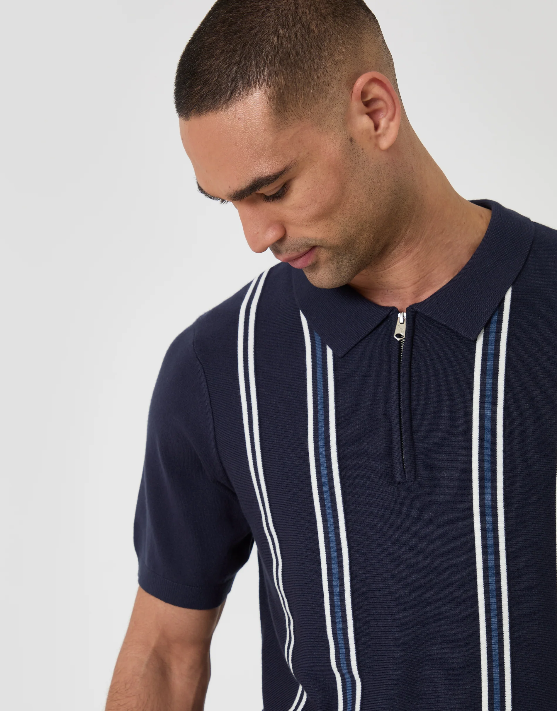 Quarter Zip Knitted Polo in Navy Stripe - Image 2