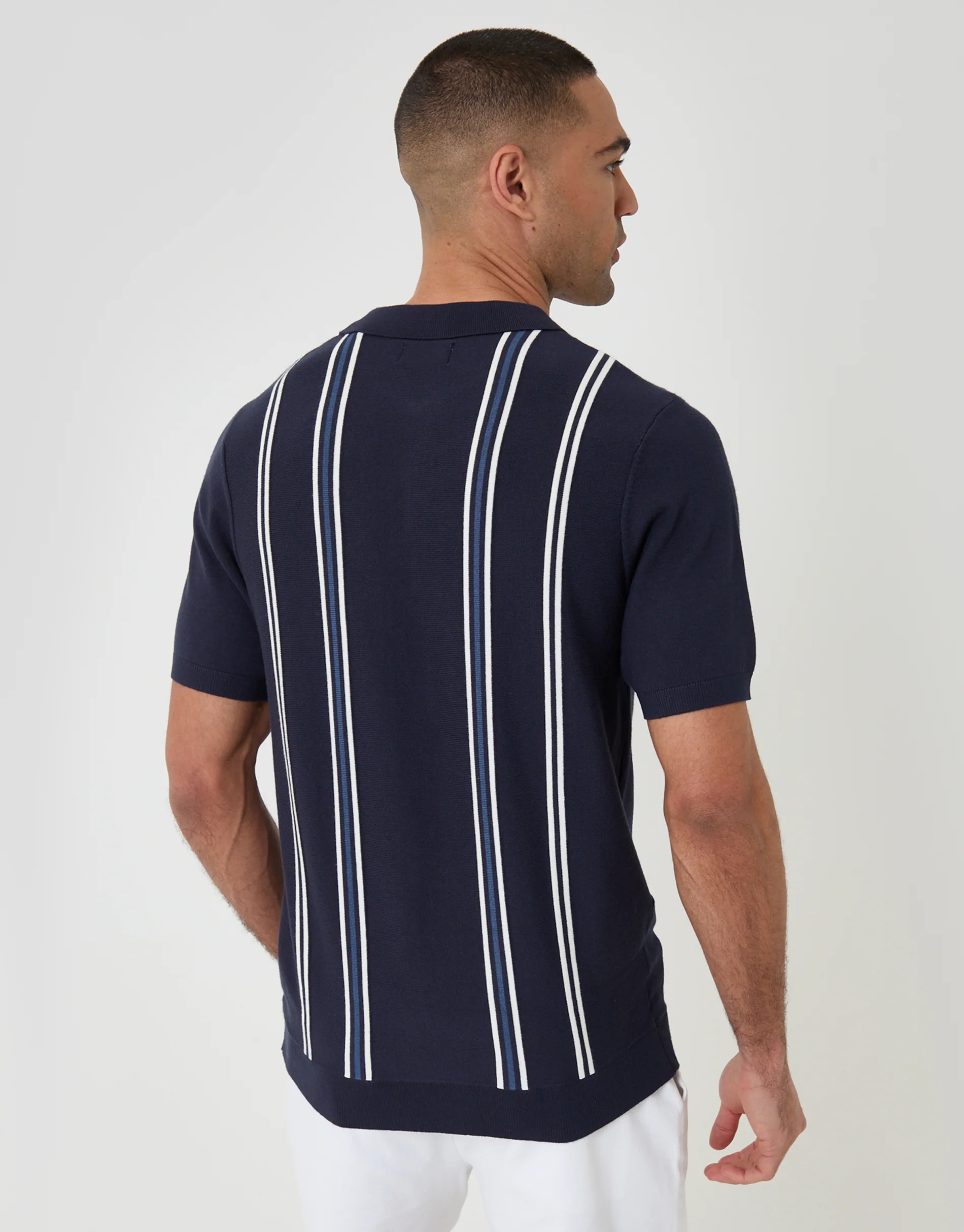 Quarter Zip Knitted Polo in Navy Stripe - Image 3