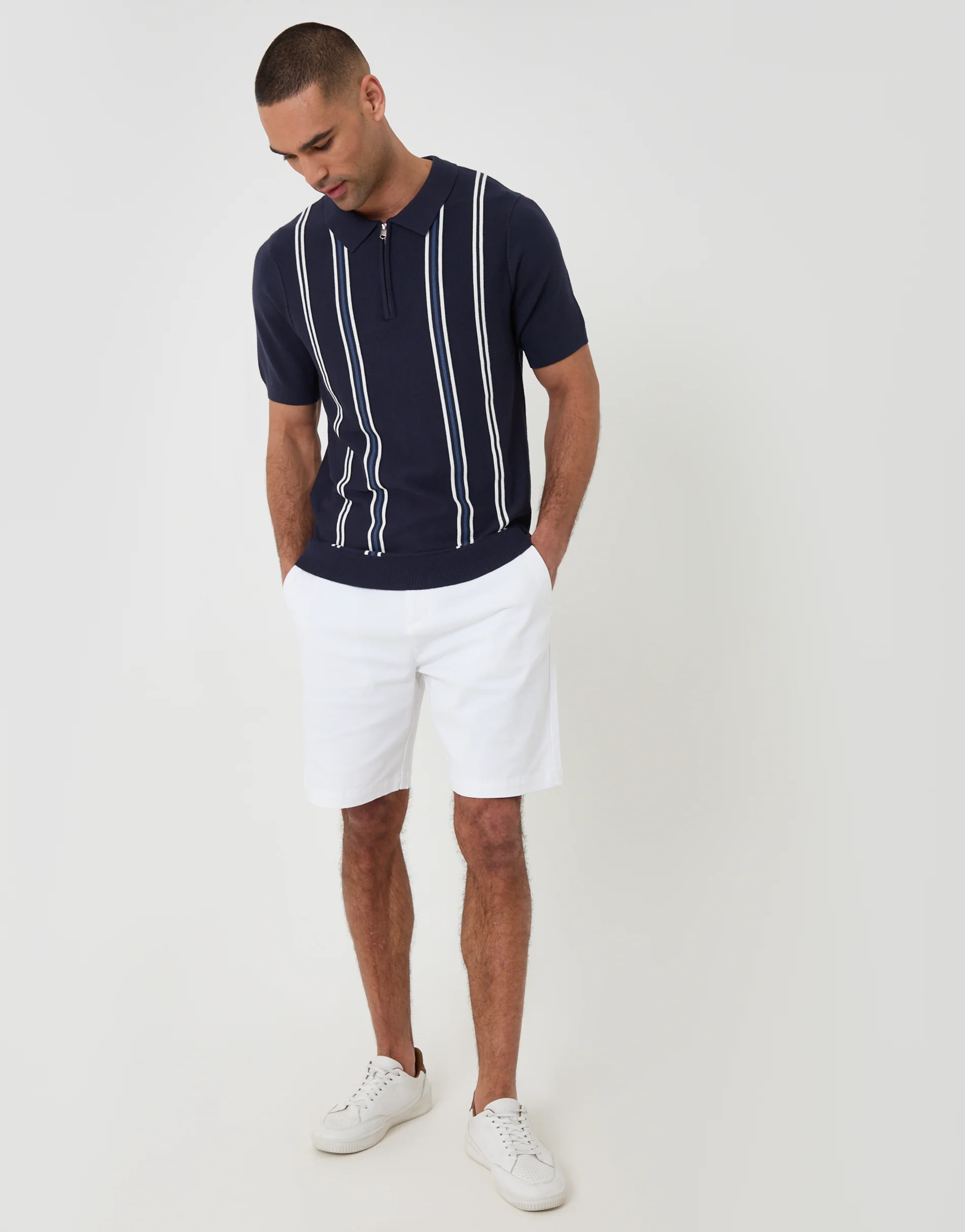 Quarter Zip Knitted Polo in Navy Stripe - Image 4