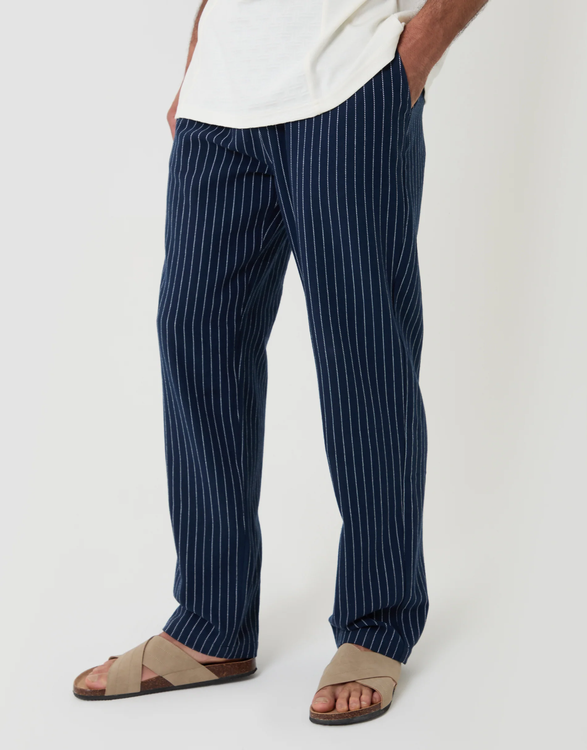 Straight Fit Cotton Trousers in Navy Stripe - Image 2