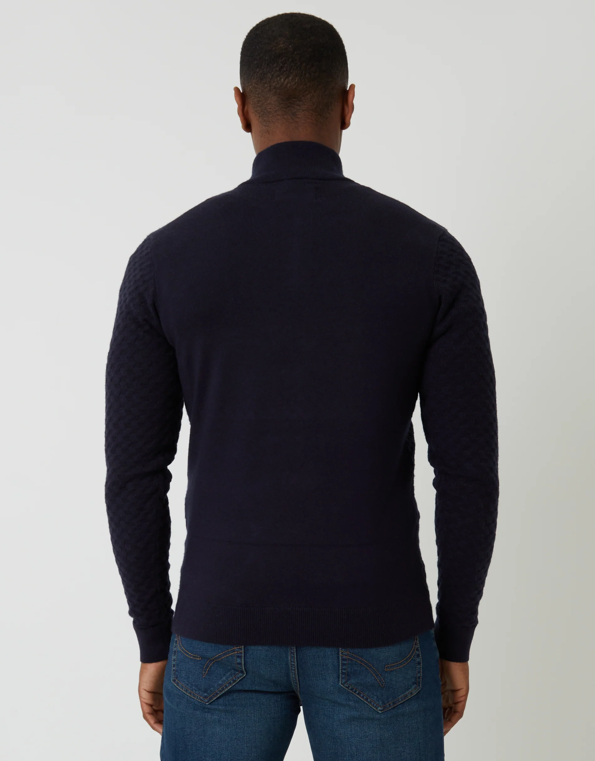 Textured Cable Knit Quarter Zip Jumper in Navy - Image 2