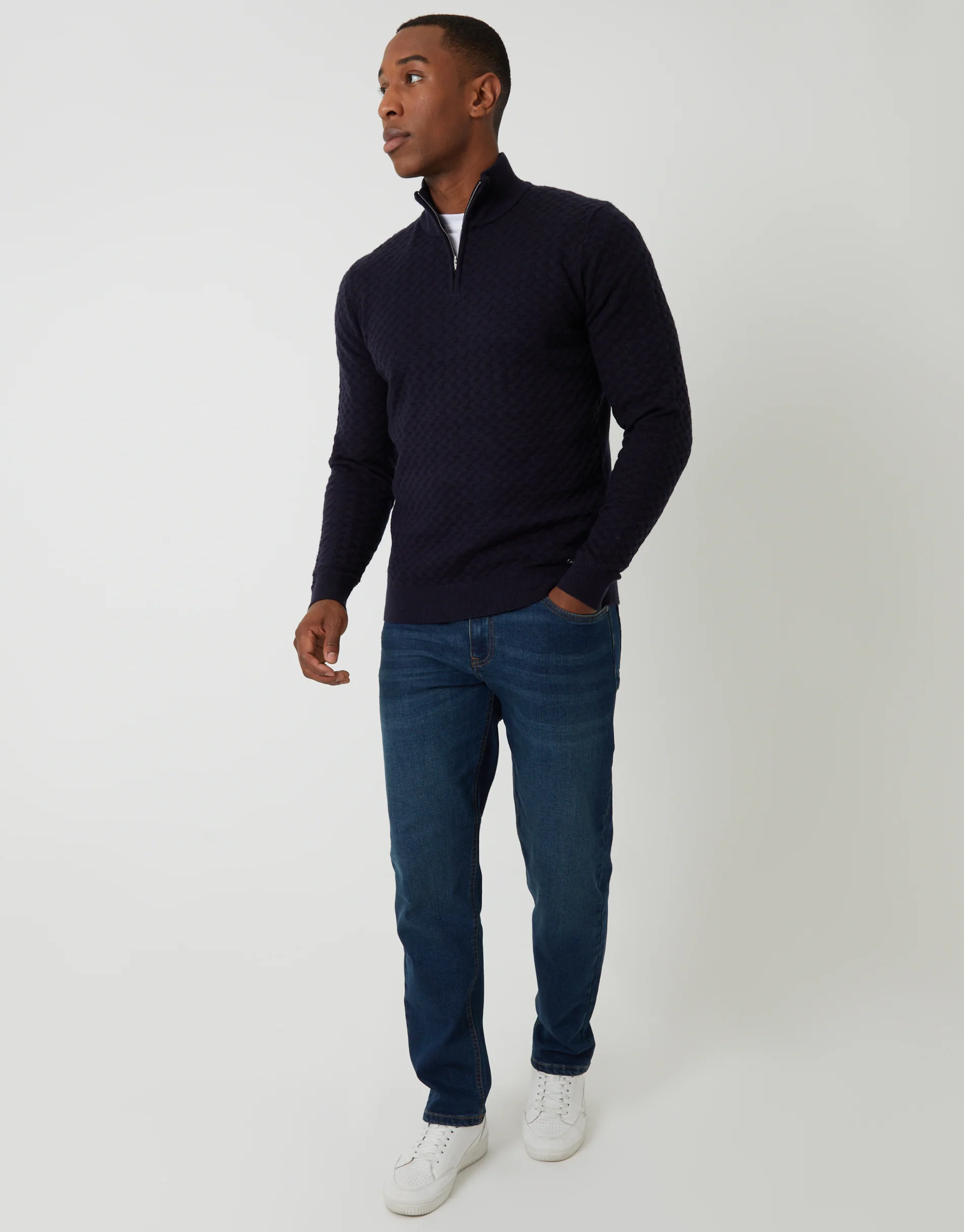 Textured Cable Knit Quarter Zip Jumper in Navy - Image 3
