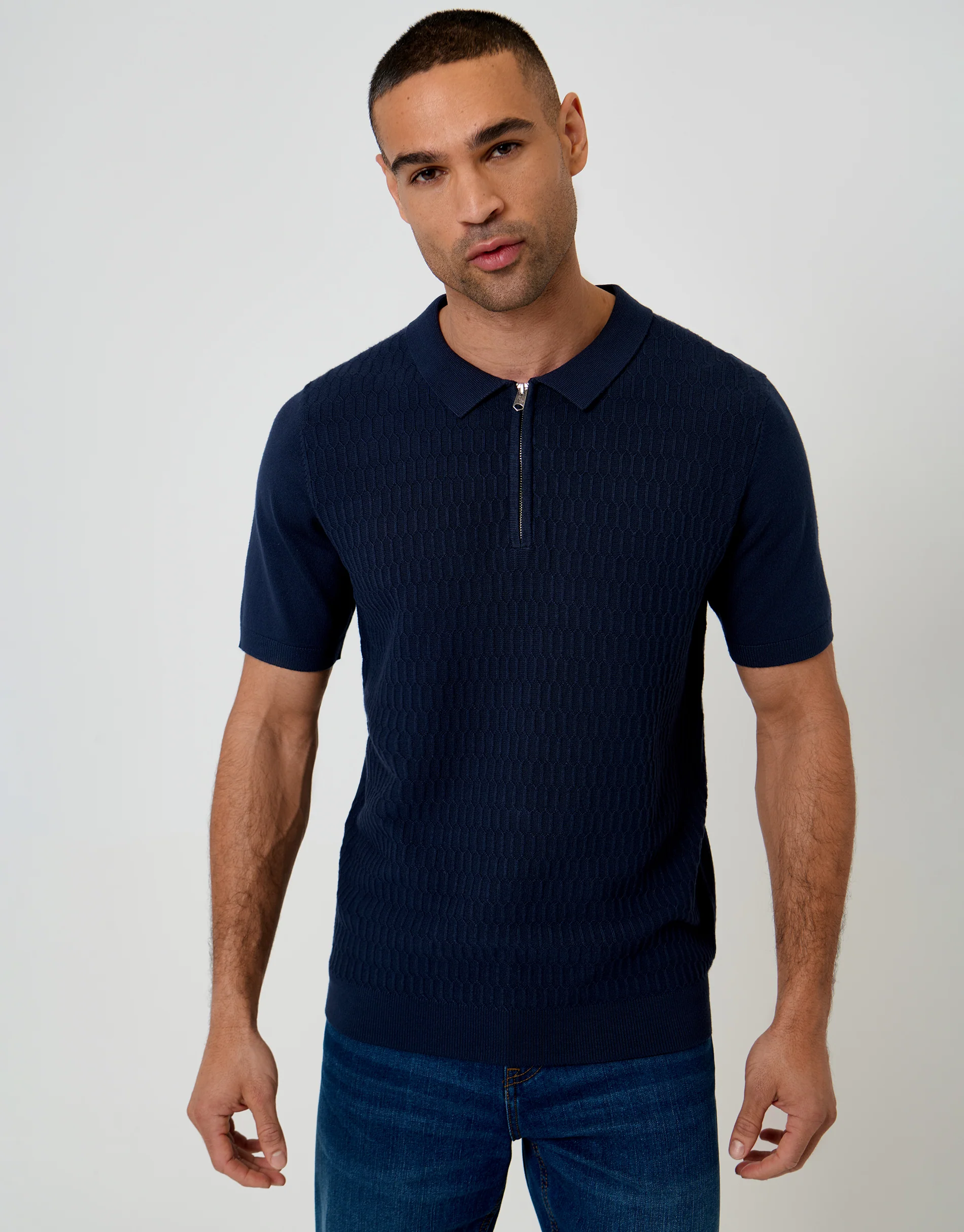 Textured Knit Quarter Zip Polo in Navy