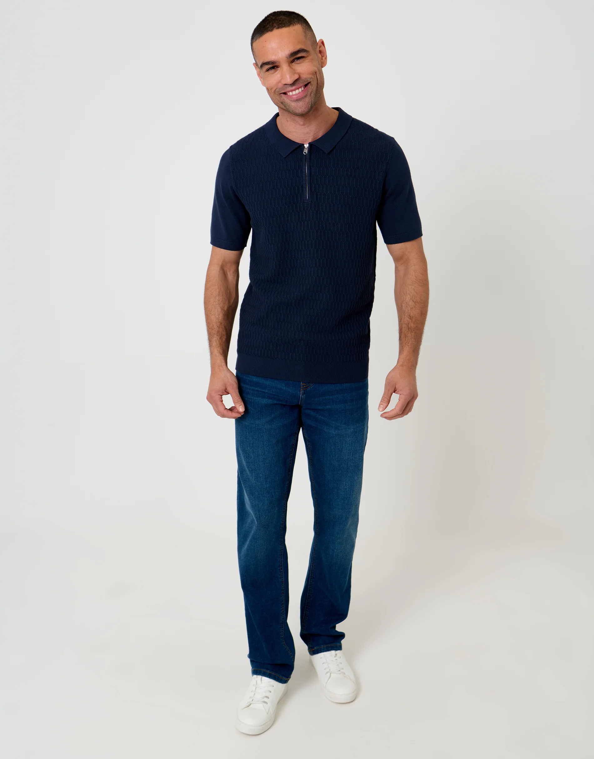 Textured Knit Quarter Zip Polo in Navy - Image 3