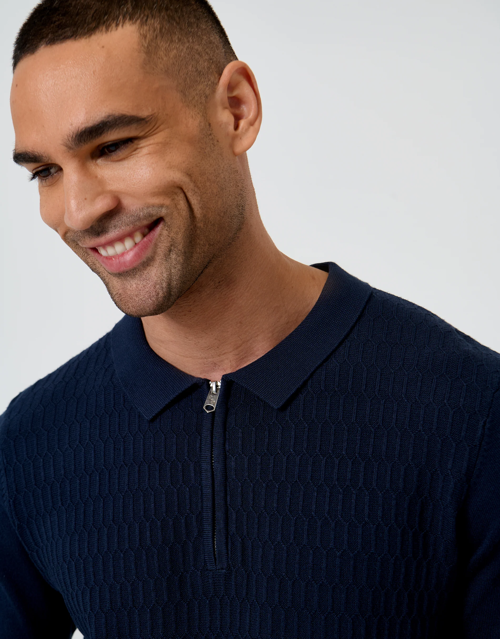 Textured Knit Quarter Zip Polo in Navy - Image 4