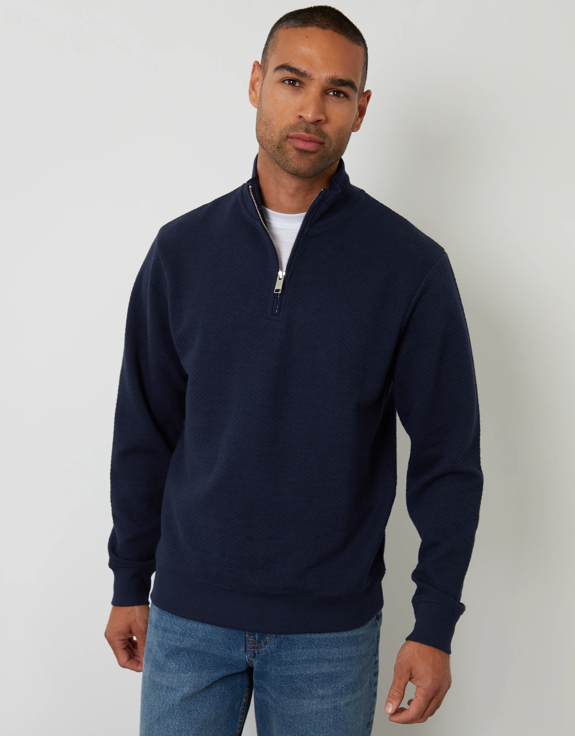 Textured Quarter Zip Sweatshirt in Navy