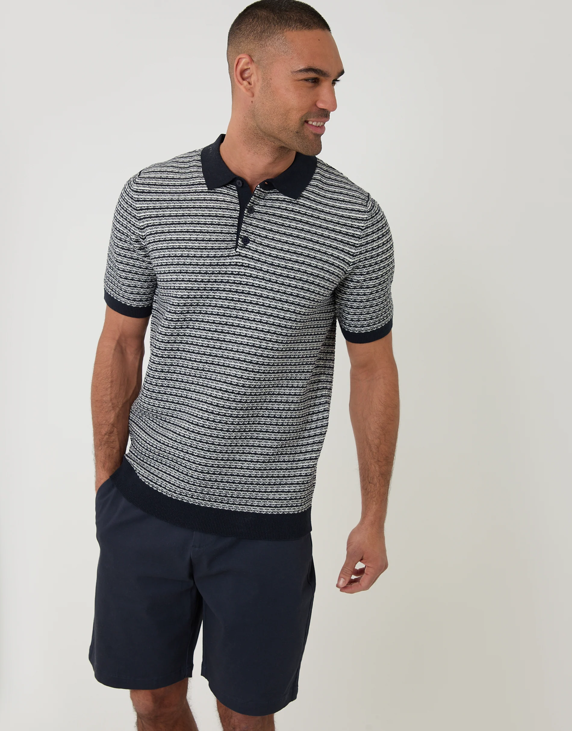 Textured Knitted Polo in Navy Stripe
