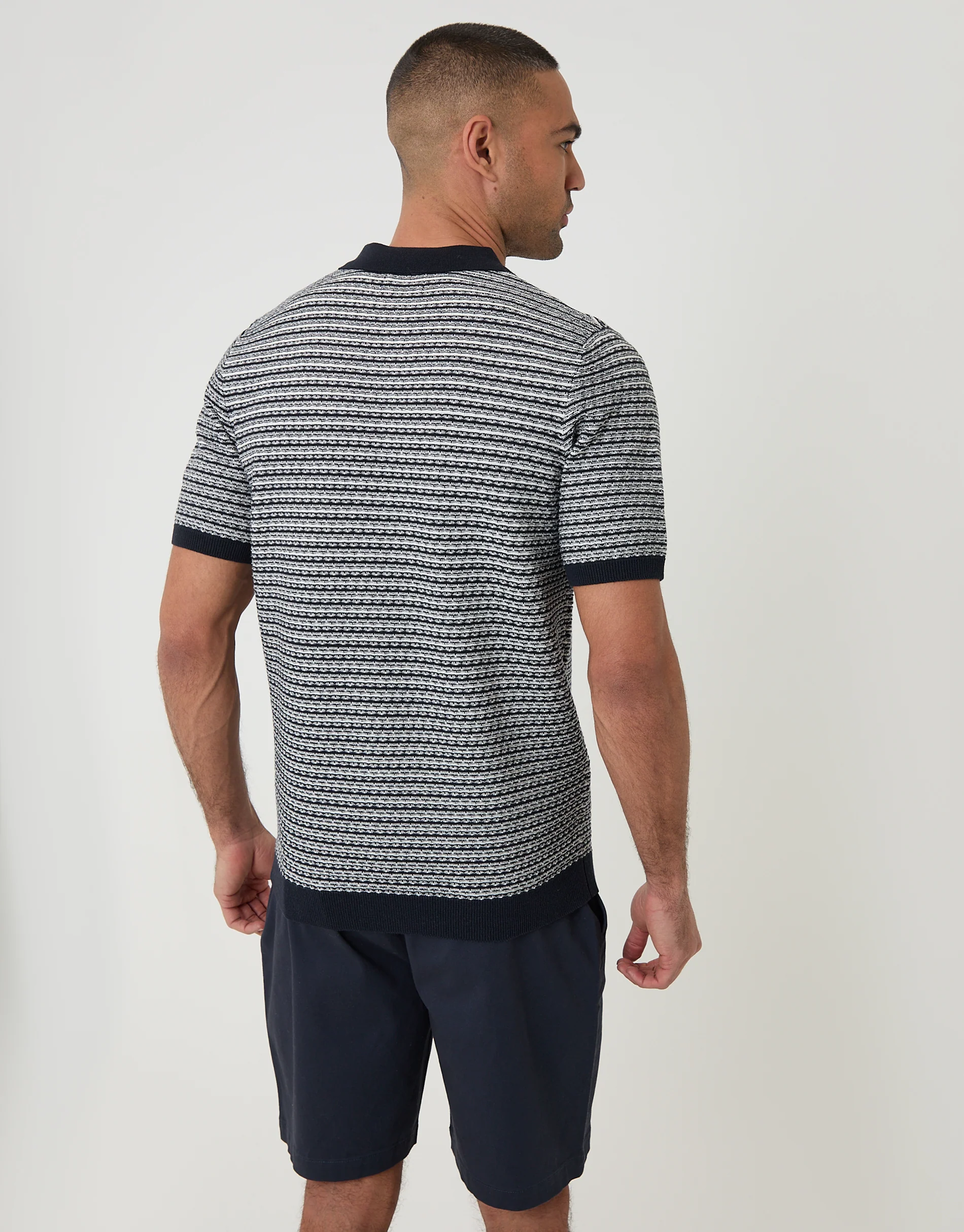 Textured Knitted Polo in Navy Stripe - Image 2