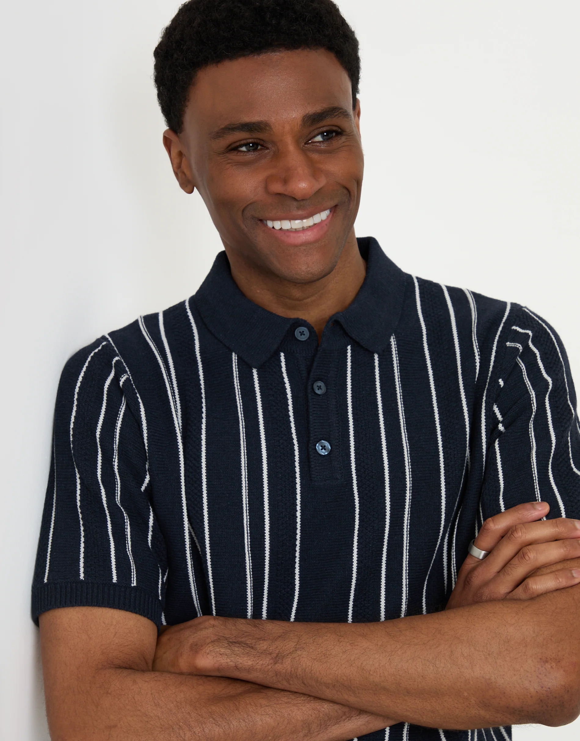 Textured Knitted Quarter Zip Polo in Navy Stripe