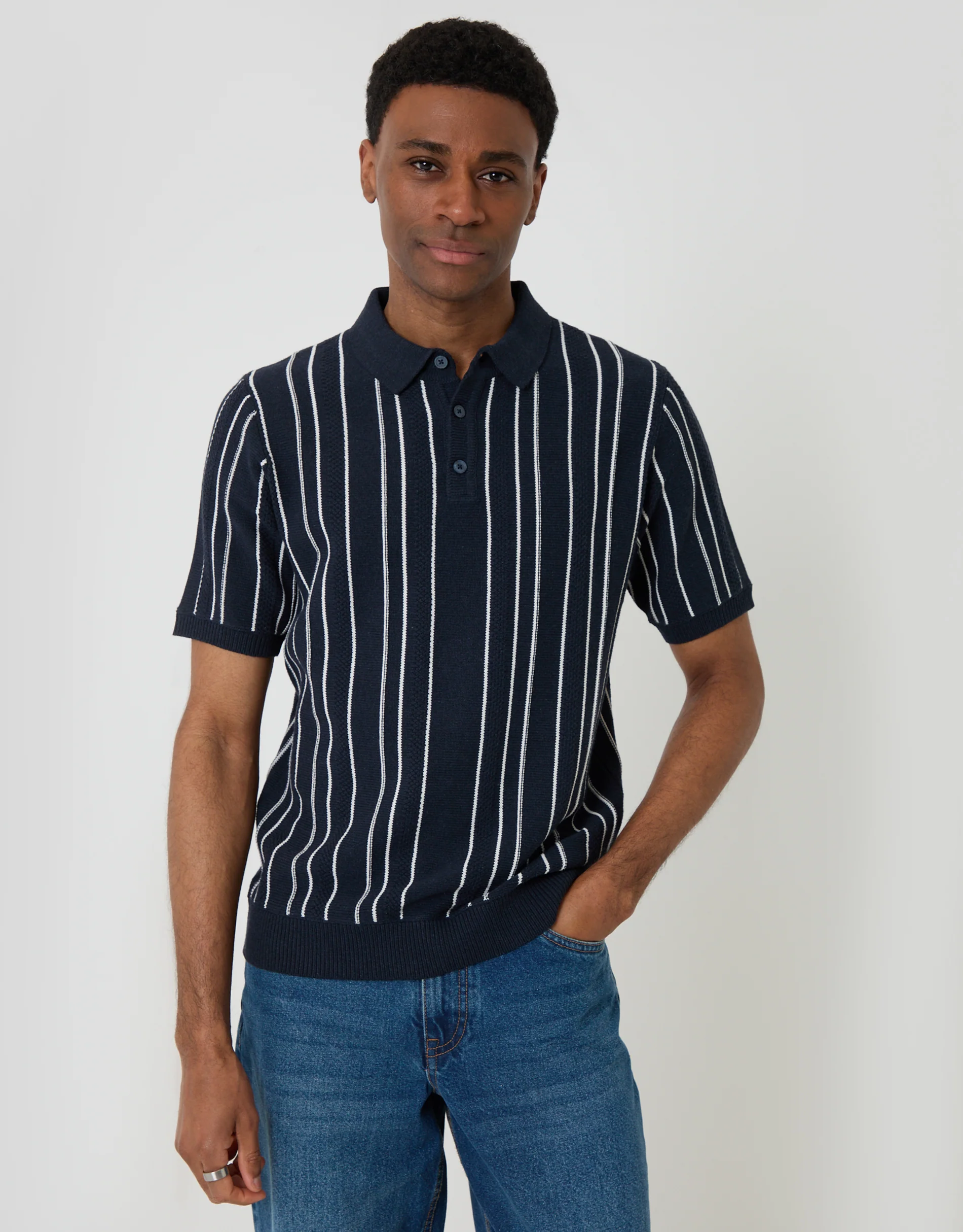 Textured Knitted Quarter Zip Polo in Navy Stripe - Image 2